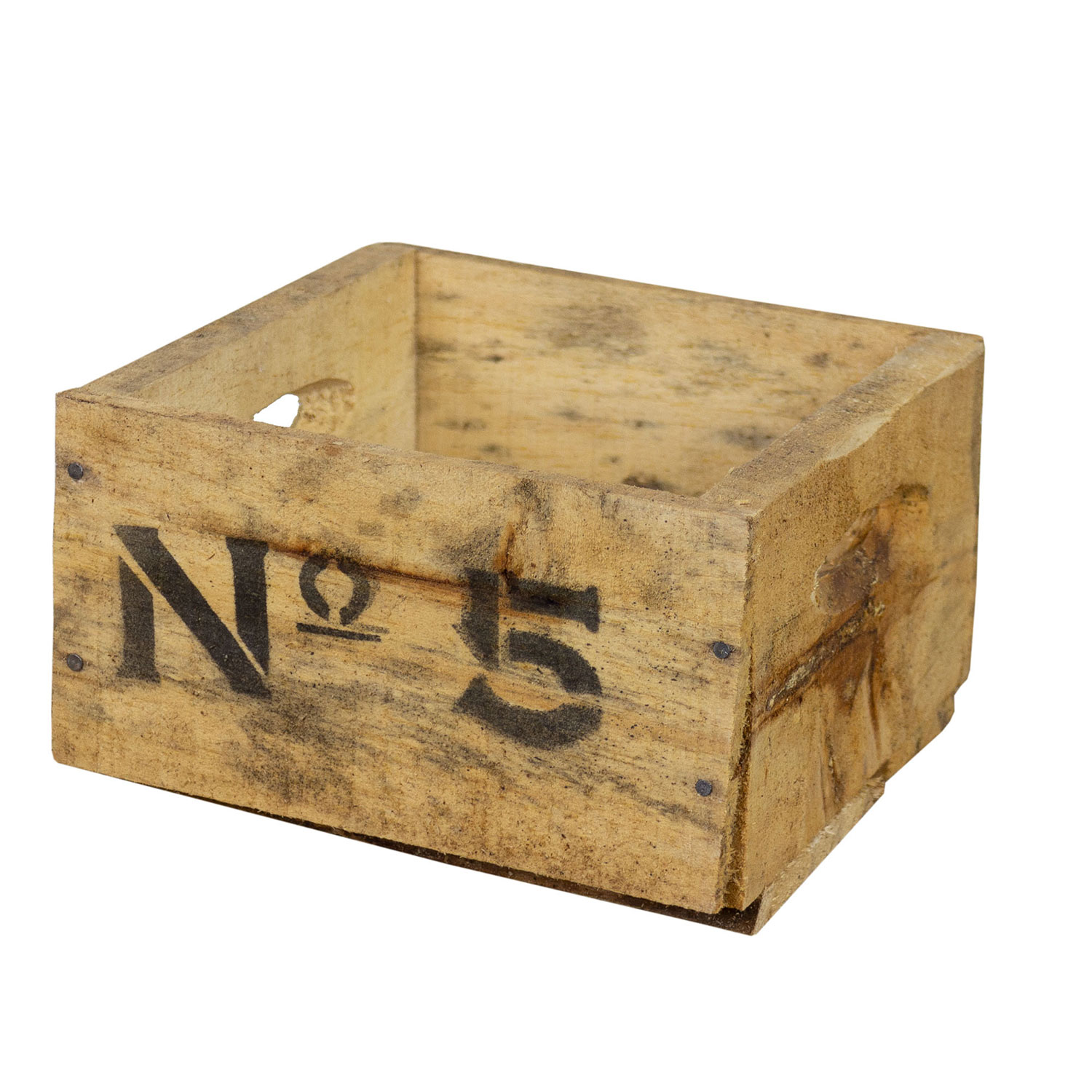 Alte Holzkiste mit Aufdruck No5 18,5x17,5x11cm (S) Alte Holzkiste mit Aufdruck No5 18,5x17,5x11cm (S)