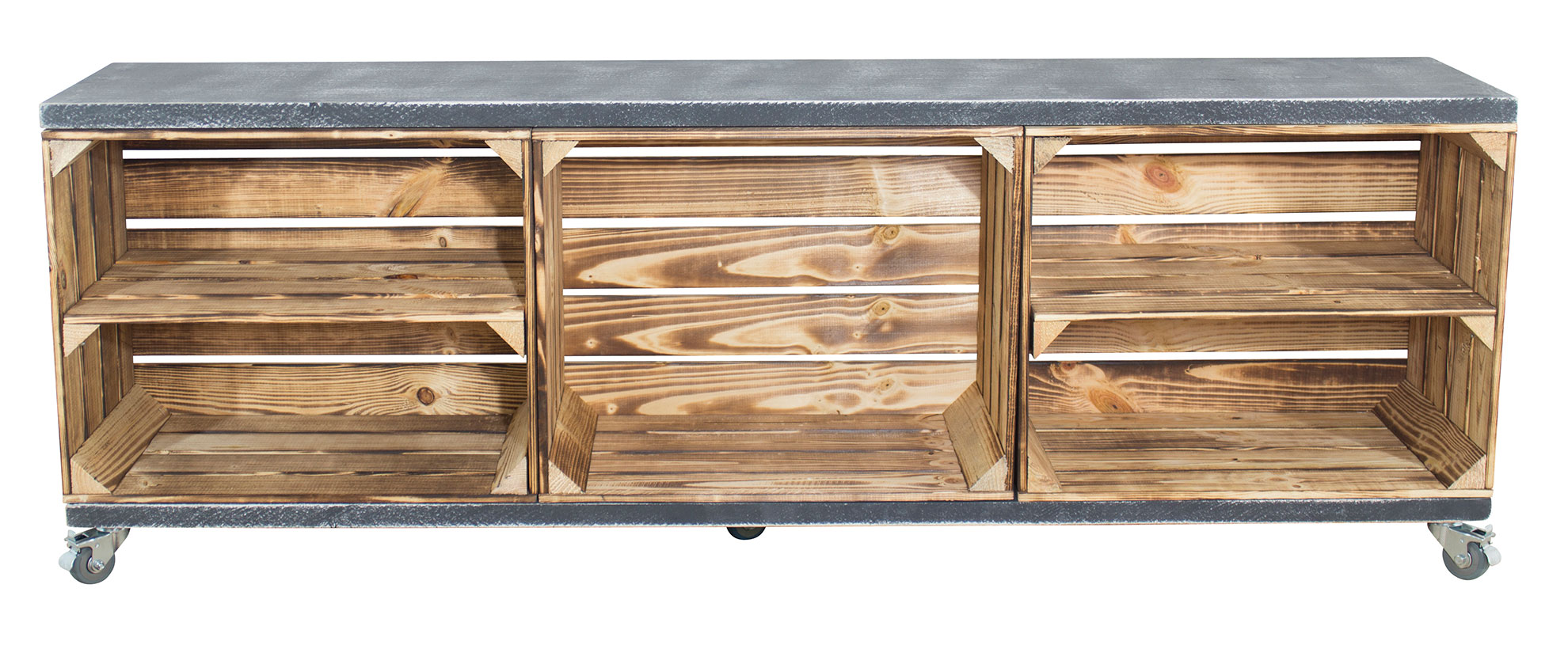 TV Schrank aus 3 geflammten Kisten mit 2 Bohlenbrettern in shabby schwarz auf Rollen, 150x53x30 TV Schrank aus 3 geflammten Kisten mit 2 Bohlenbrettern in shabby schwarz auf Rollen, 150x53x30