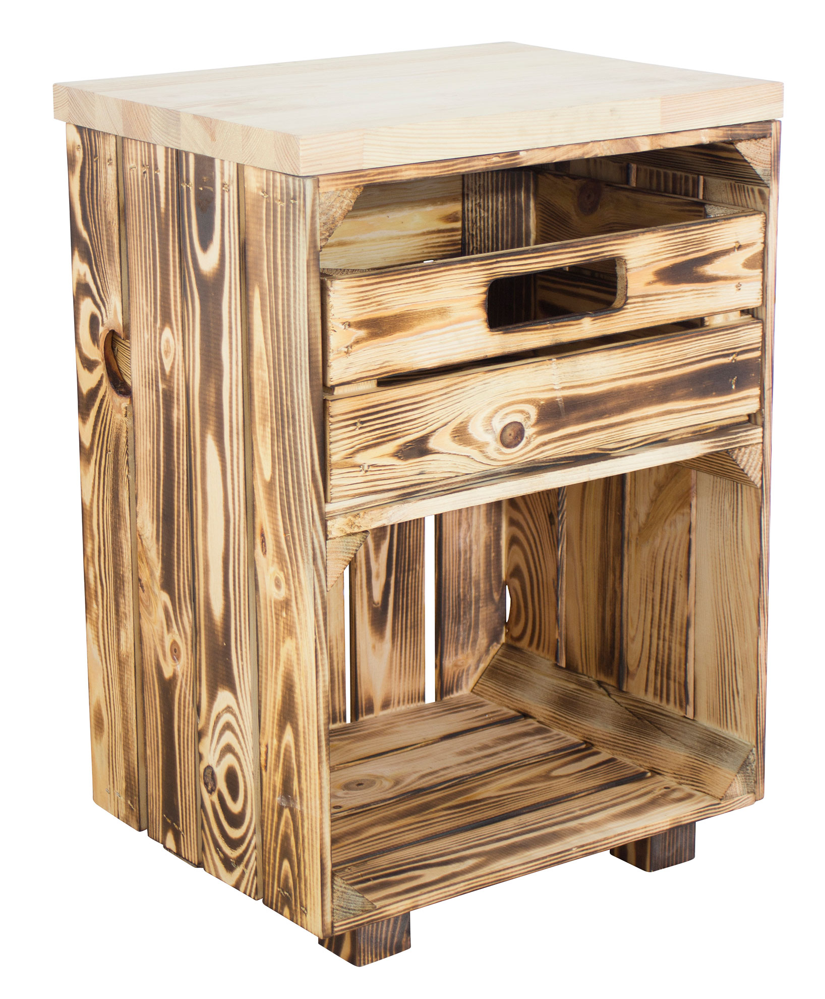 Geflammter Nachttisch mit Schublade und Bohlenbrett in natur auf Füßen 40x57x30 Geflammter Nachttisch mit Schublade und Bohlenbrett in natur auf Füßen 40x57x30