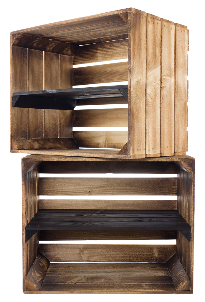 Geflammte Holzkiste mit schwarzem Mittelbrett 50x40x30cm Geflammte Holzkiste mit schwarzem Mittelbrett 50x40x30cm