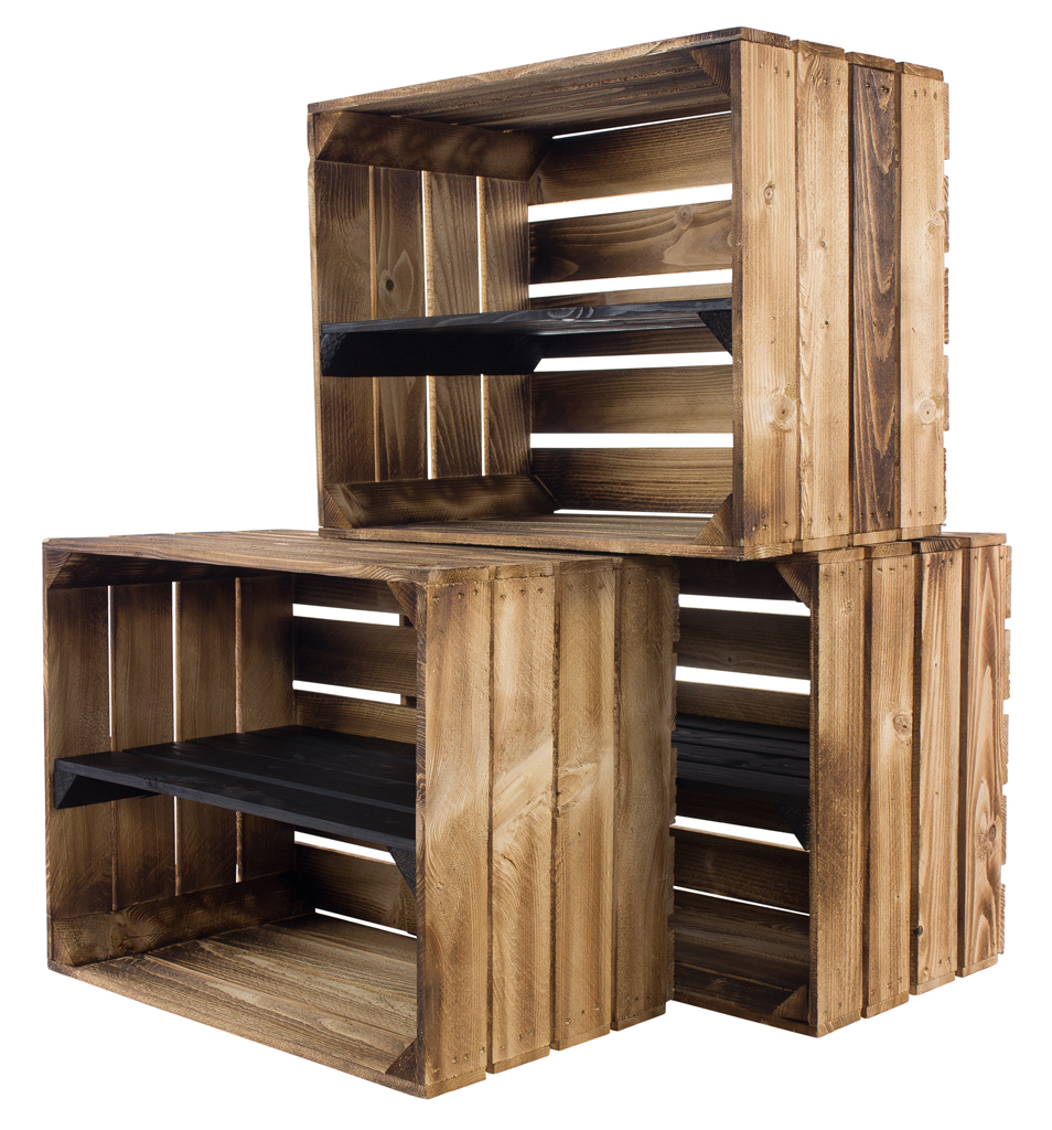 Geflammte Holzkiste mit schwarzem Mittelbrett 50x40x30cm Geflammte Holzkiste mit schwarzem Mittelbrett 50x40x30cm