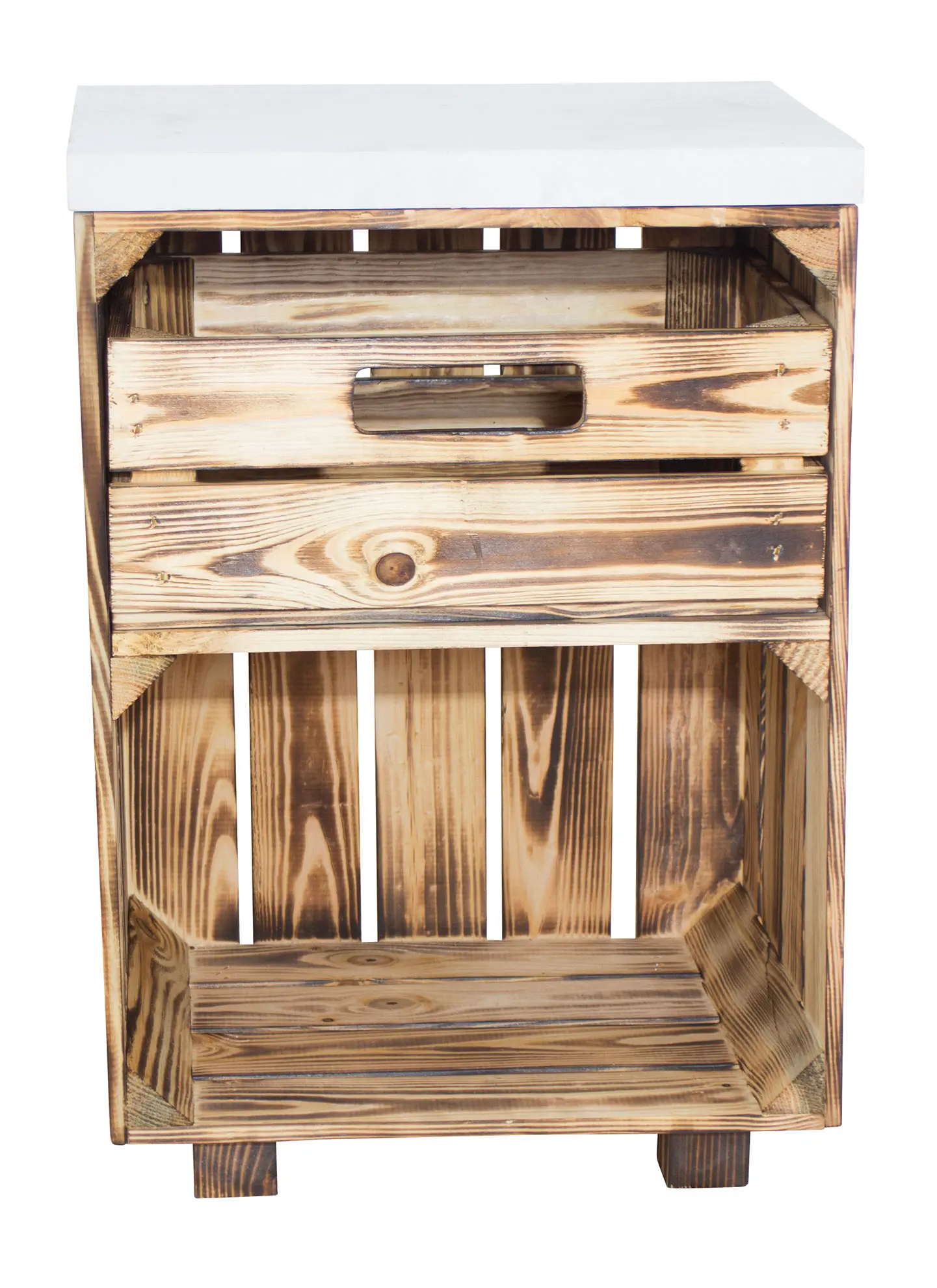 Geflammter Nachttisch mit Schublade und einem weißen Bohlenbrett auf Holzfüßen, 40x57x30,5 Geflammter Nachttisch mit Schublade und einem weißen Bohlenbrett auf Holzfüßen, 40x57x30,5