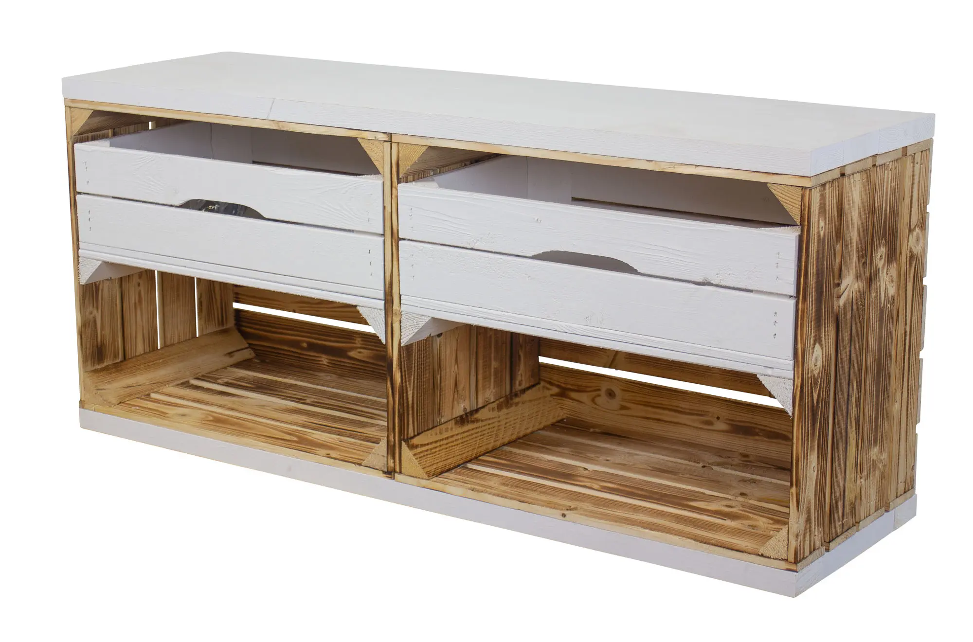 TV Lowboard aus 2 geflammten Kisten mit 2 Schubladen und 2 Bohlenbrettern 100x53x30 TV Lowboard aus 2 geflammten Kisten mit 2 Schubladen und 2 Bohlenbrettern 100x53x30