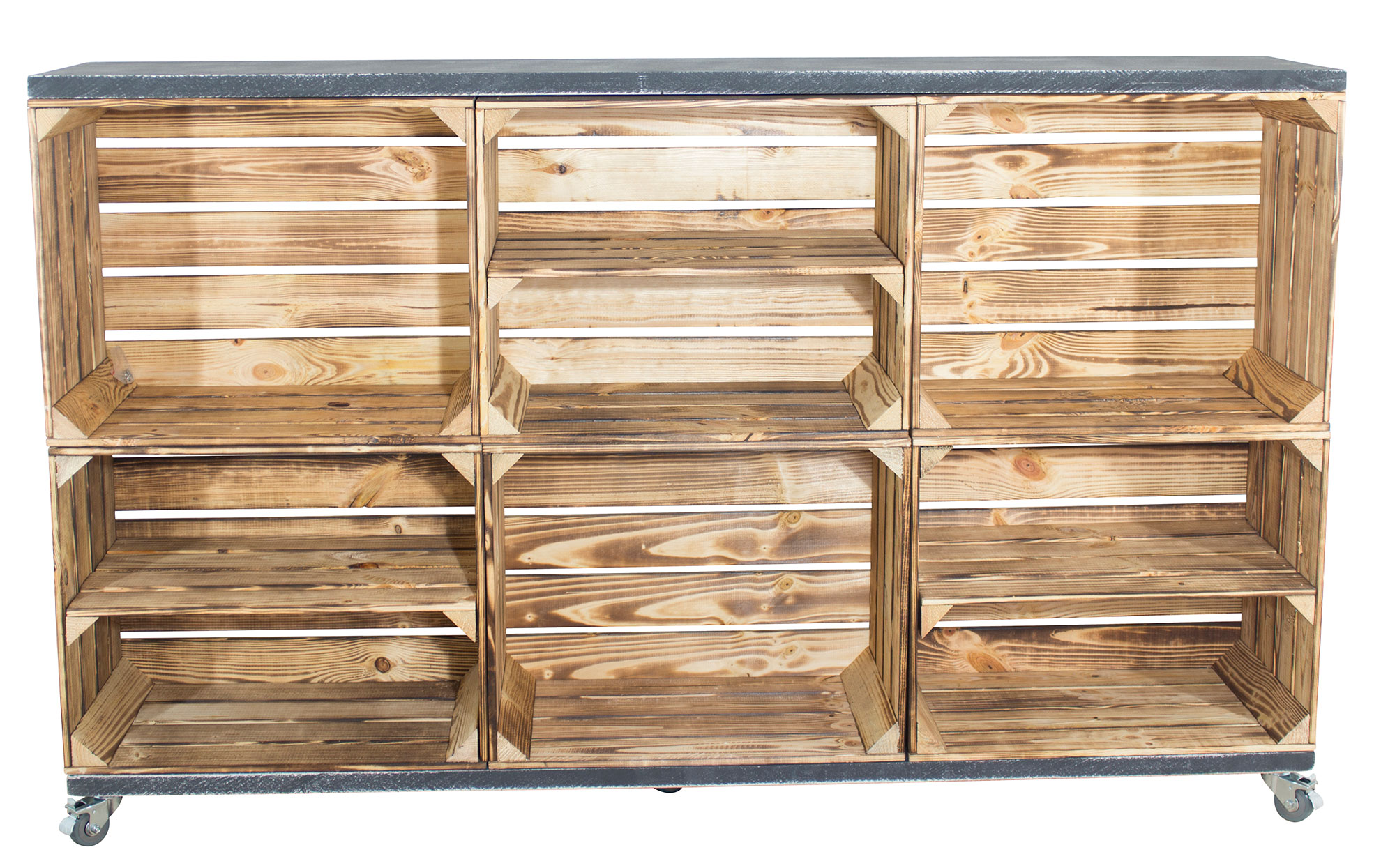 Kommode aus 6 geflammten Kisten mit 2 shabby schwarzen Bohlenbrettern auf Rollen 150x93x30 Kommode aus 6 geflammten Kisten mit 2 shabby schwarzen Bohlenbrettern auf Rollen 150x93x30