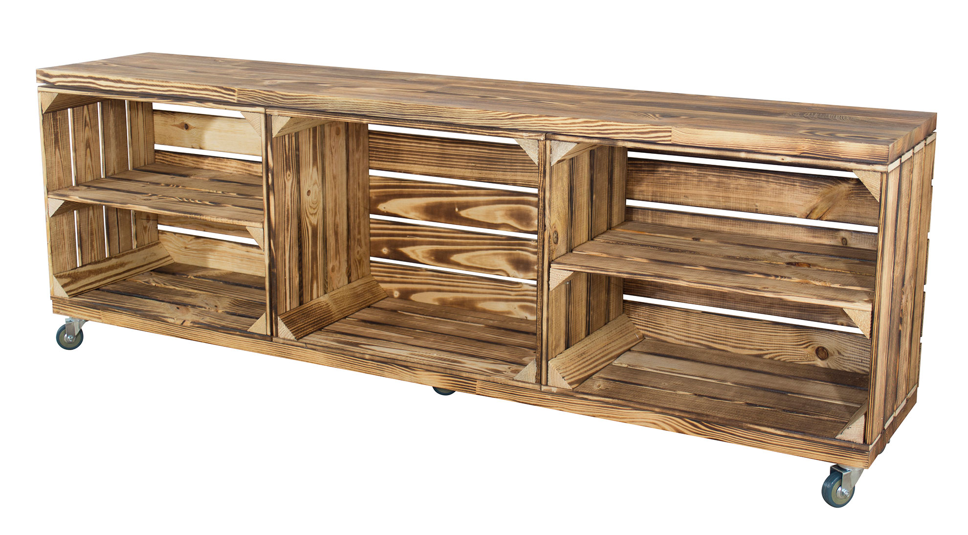 TV Schrank in geflammter Optik aus 3 Kisten sowie 2 Bohlenbrettern auf Rollen 150x53x30 TV Schrank in geflammter Optik aus 3 Kisten sowie 2 Bohlenbrettern auf Rollen 150x53x30