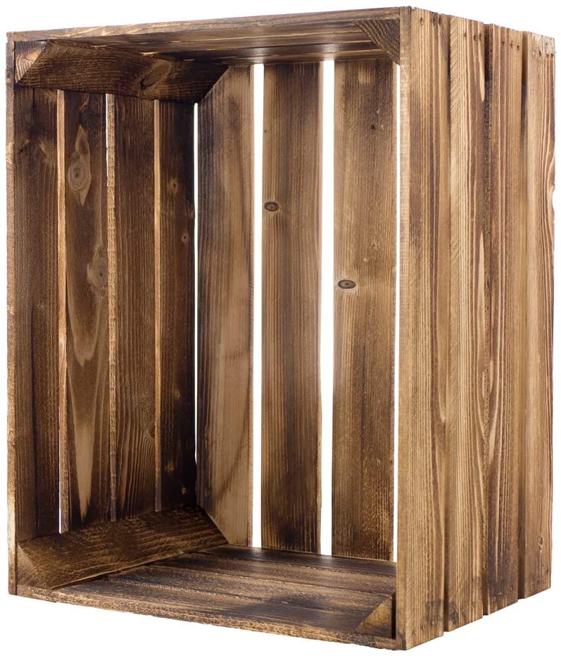 Couchtisch aus geflammten Apfelkisten auf Rollen 81x81x44cm Couchtisch aus geflammten Apfelkisten auf Rollen 81x81x44cm