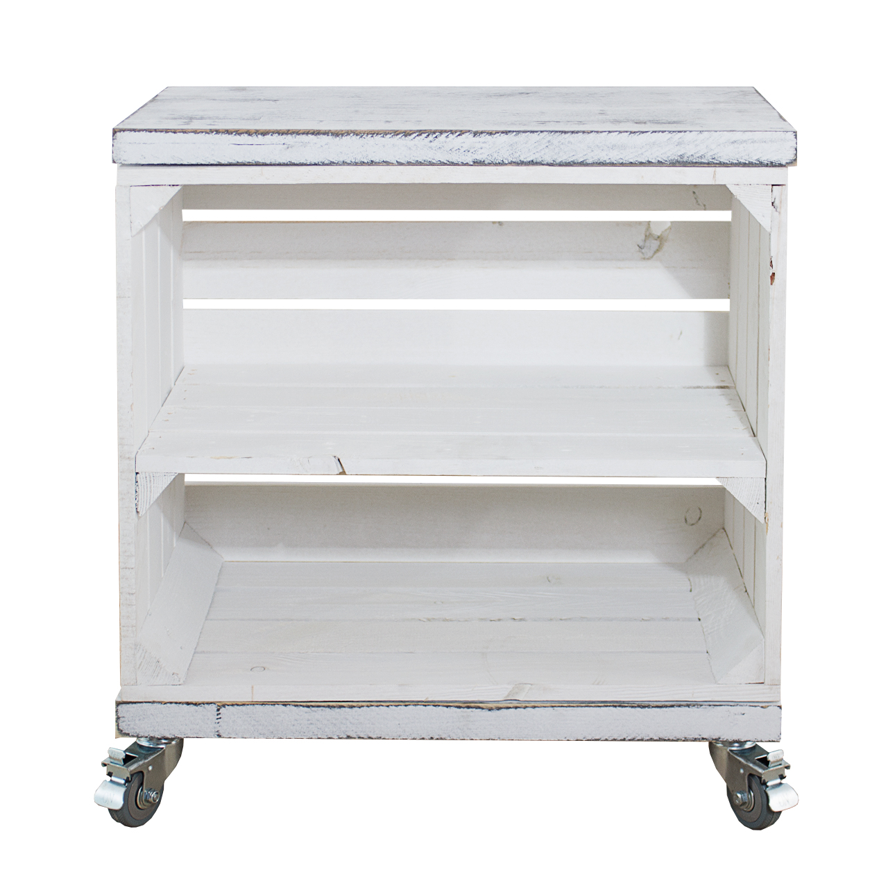 Regal aus weißer Obstkiste mit Mittelbrett sowie 2 Bohlenbrettern in shabby weiß auf Rollen 53x50x30cm