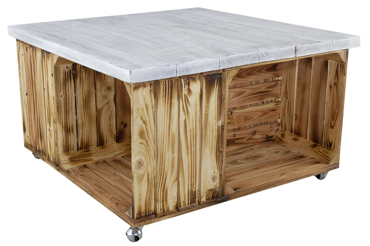 Couchtisch aus geflammten Apfelkisten und Tischplatte aus Vintage Holzbohlen auf Rollen 85x85xcm