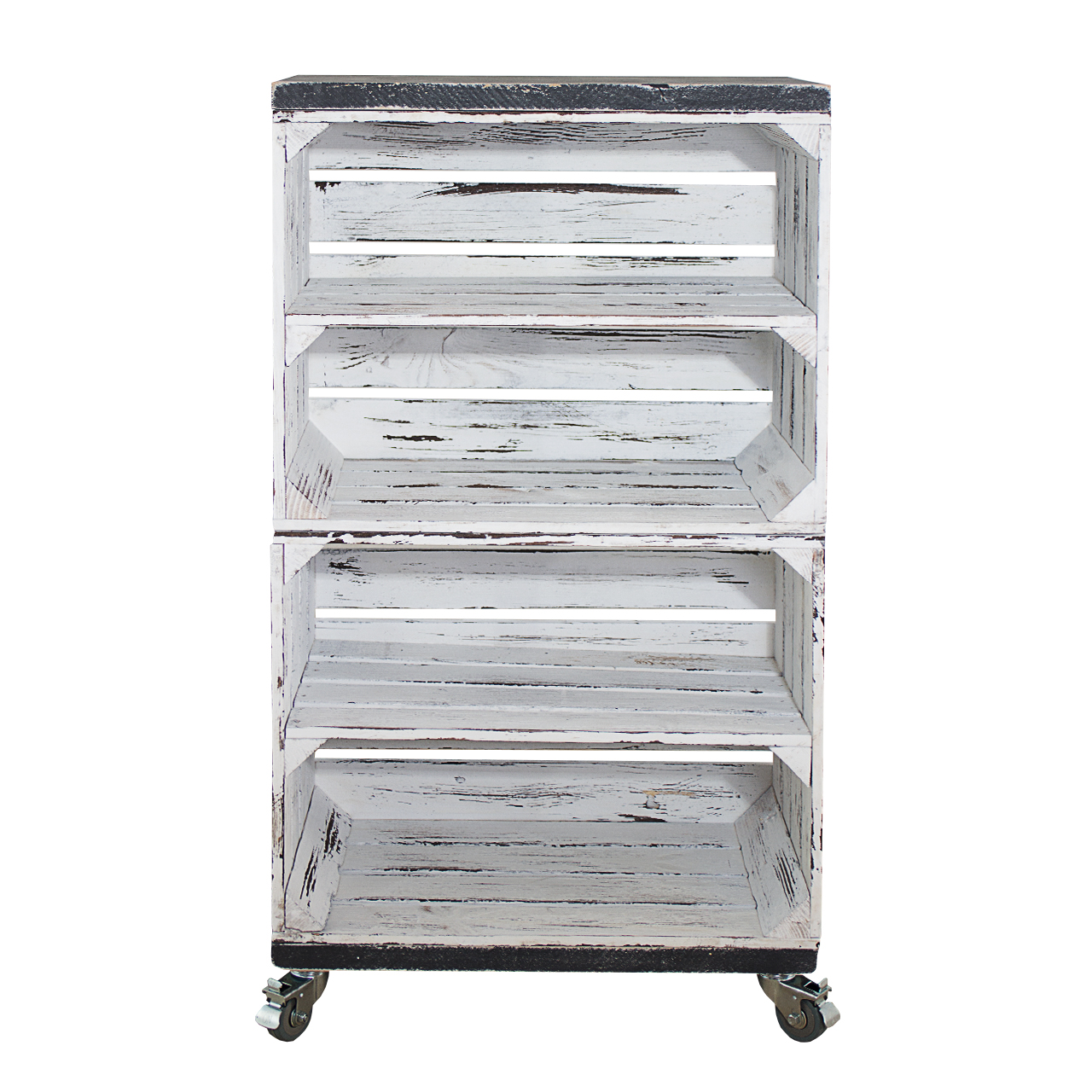 Regal aus 2 Shabby weißen Obstkisten mit 2 Bohlenbrettern in Vintage Grau auf Rollen 93x50x30cm Regal aus 2 Shabby weißen Obstkisten mit 2 Bohlenbrettern in Vintage Grau auf Rollen 93x50x30cm