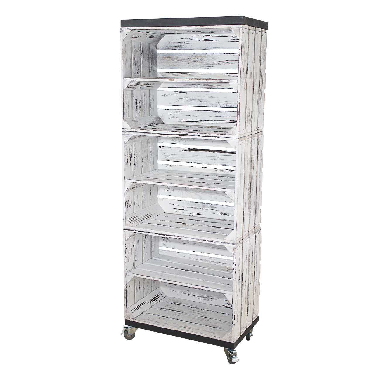 Regal aus drei Obstkisten in Vintage Optik mit drei Mittelbrettern und zwei Bohlenbrettern in Schwarz, auf Rollen 133x50x30cm