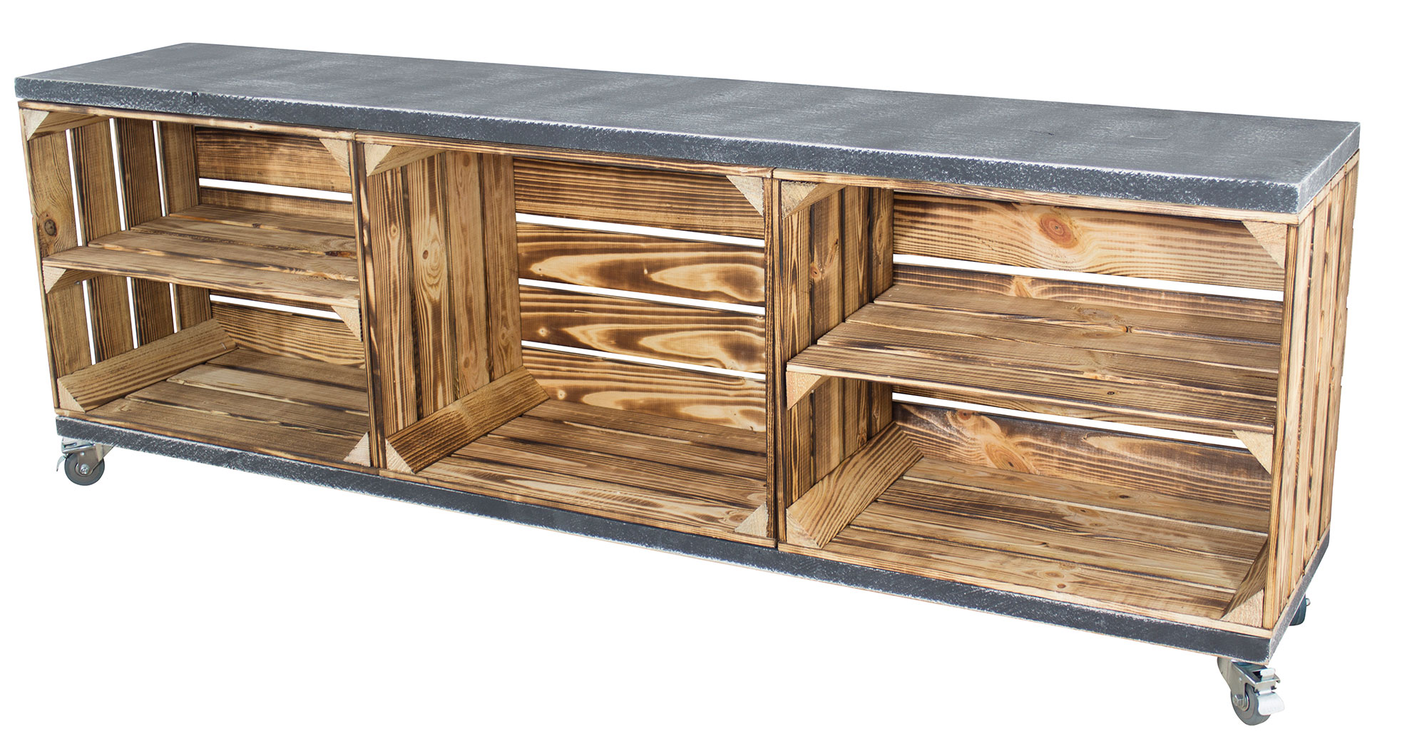 TV Schrank aus 3 geflammten Kisten mit 2 Bohlenbrettern in shabby schwarz auf Rollen, 150x53x30 TV Schrank aus 3 geflammten Kisten mit 2 Bohlenbrettern in shabby schwarz auf Rollen, 150x53x30