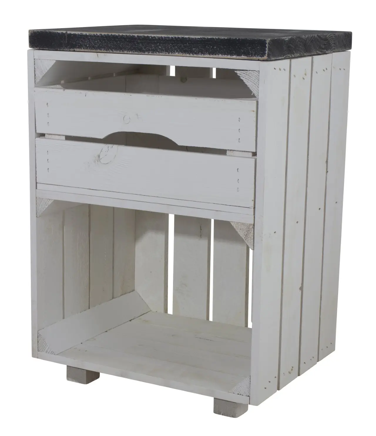 Weißer Nachttisch mit Schublade und Bohlenbrett in shabby Schwarz 30,5x40x57cm Weißer Nachttisch mit Schublade und Bohlenbrett in shabby Schwarz 30,5x40x57cm