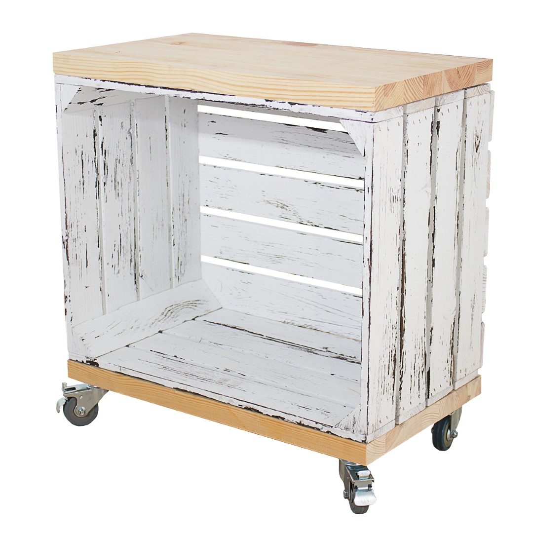 Regal aus einer Obstkiste in Vintage Optik mit zwei Bohlenbrettern im Naturton, auf Rollen, 53x50x30cm Regal aus einer Obstkiste in Vintage Optik mit zwei Bohlenbrettern im Naturton, auf Rollen, 53x50x30cm