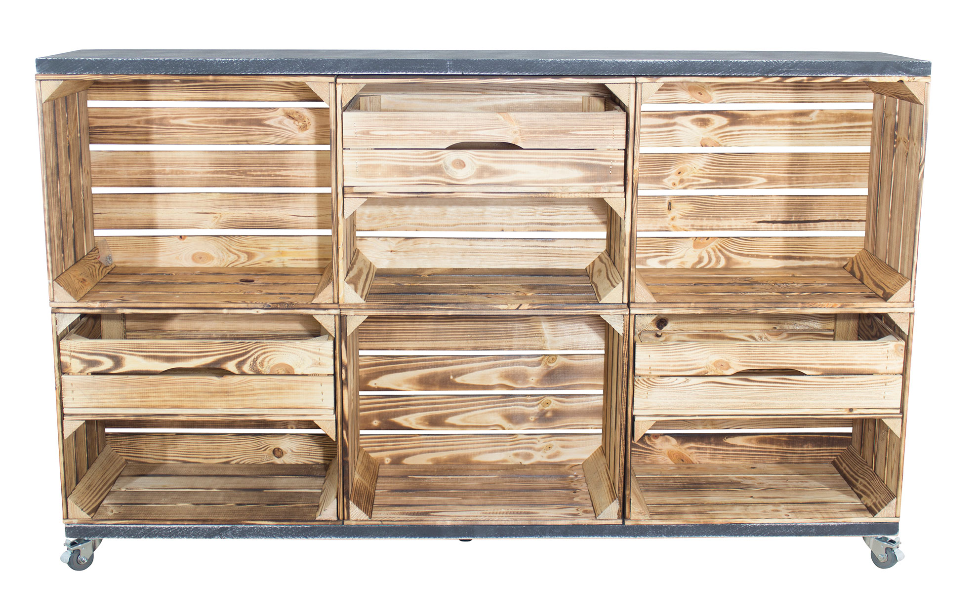 Kommode/ Raumtrenner aus 6 geflammten Kisten und 2 Bohlenbrettern in shabby schwarz auf Rollen, 150x93x30 Kommode/ Raumtrenner aus 6 geflammten Kisten und 2 Bohlenbrettern in shabby schwarz auf Rollen, 150x93x30