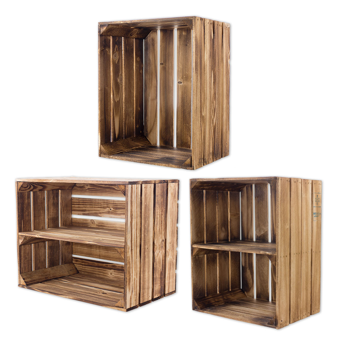 Gemischtes Set aus geflammten Holzkisten 50x40x30cm Gemischtes Set aus geflammten Holzkisten 50x40x30cm