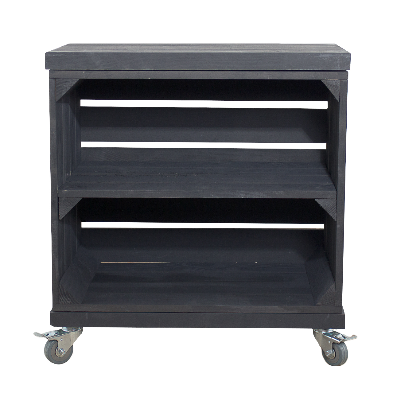 Regal aus einer schwarzen Obstkiste mit einem Mittelbrett und zwei Bohlenbrettern in Schwarz, auf Rollen 53x50x30cm Regal aus einer schwarzen Obstkiste mit einem Mittelbrett und zwei Bohlenbrettern in Schwarz, auf Rollen 53x50x30cm