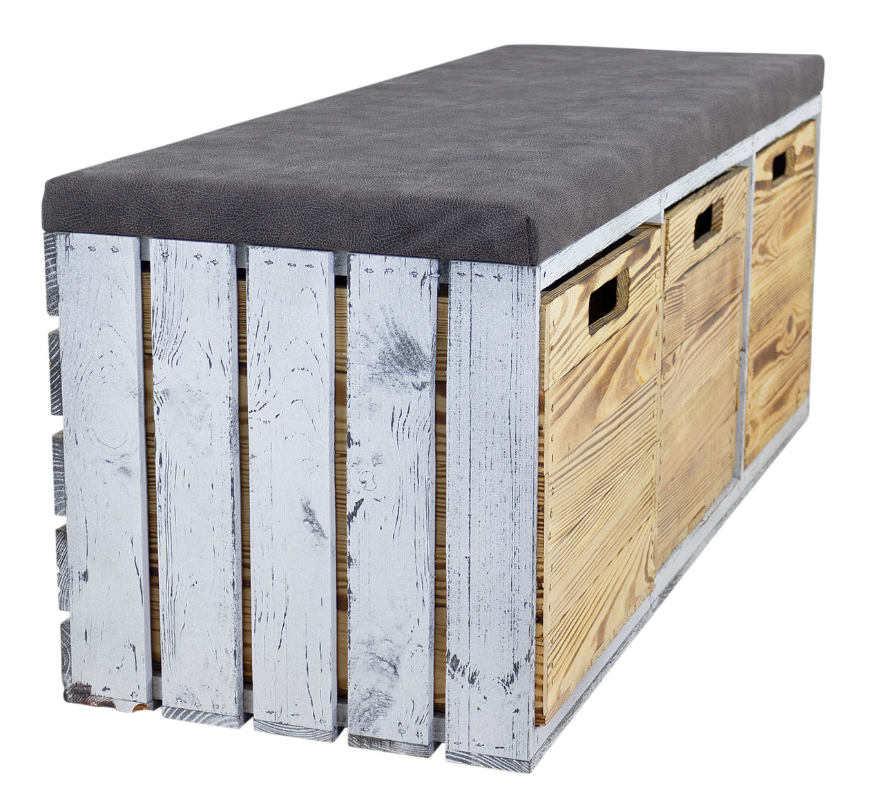 Shabby Sitzbank im Obstkisten Design mit Sitzpolster und 3 Kallax Einschubkisten 105x43x39xcm