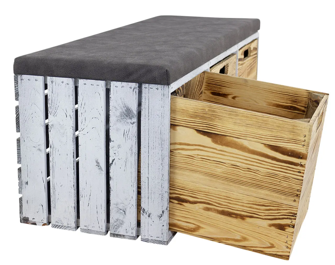 Shabby Sitzbank im Obstkisten Design mit Sitzpolster und 3 Kallax Einschubkisten 105x43x39xcm