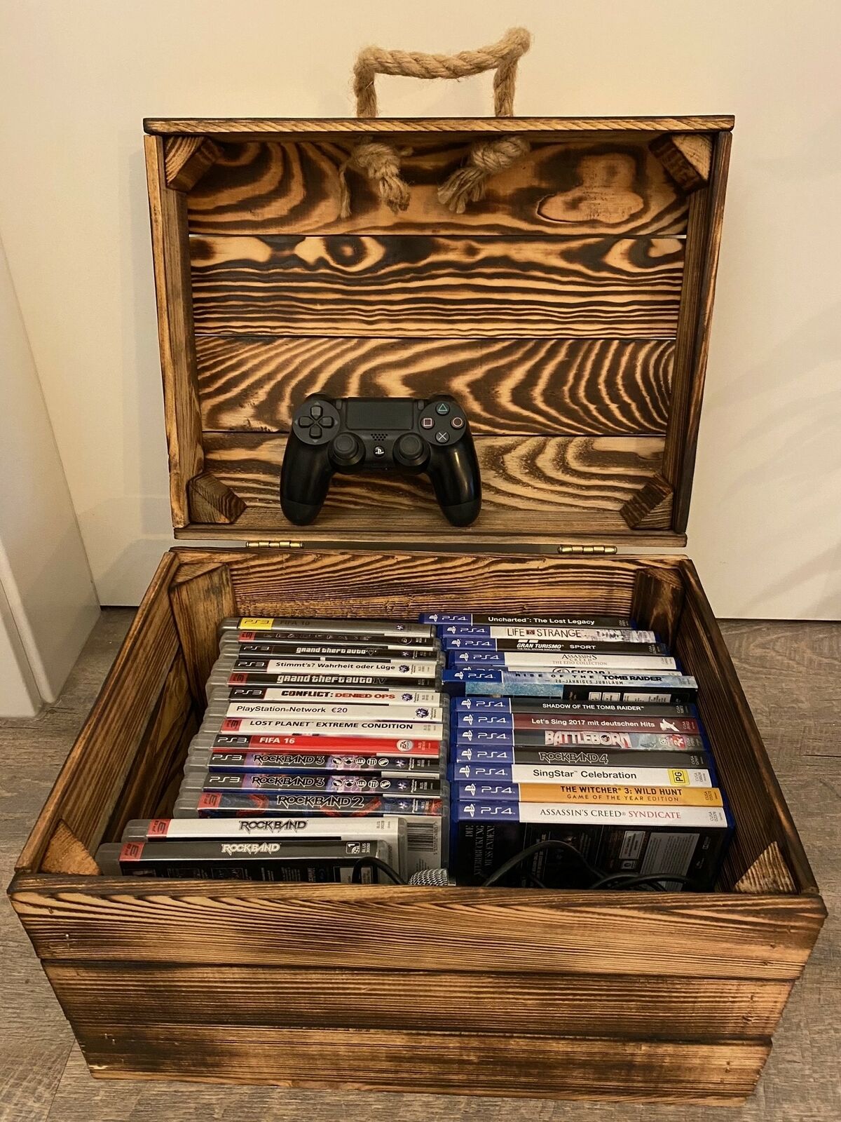 Holzkiste in geflammt mit Deckel und Hanfkordel Geschenkekiste 40 x 30 x 27cm