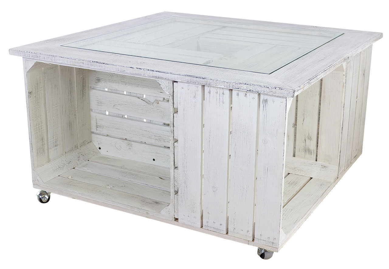 Weißer Tisch mit Glasplatte und Shabby Rahmen / besonders durch 4 Holzkisten für extra Stauraum / 85x85cm Weißer Tisch mit Glasplatte und Shabby Rahmen / besonders durch 4 Holzkisten für extra Stauraum / 85x85cm