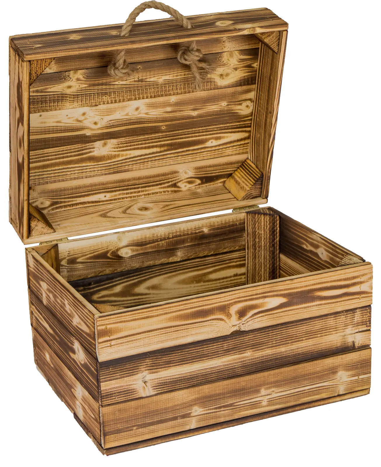 Holzkiste in geflammt mit Deckel und Hanfkordel Geschenkekiste 40 x 30 x 27cm Holzkiste in geflammt mit Deckel und Hanfkordel Geschenkekiste 40 x 30 x 27cm