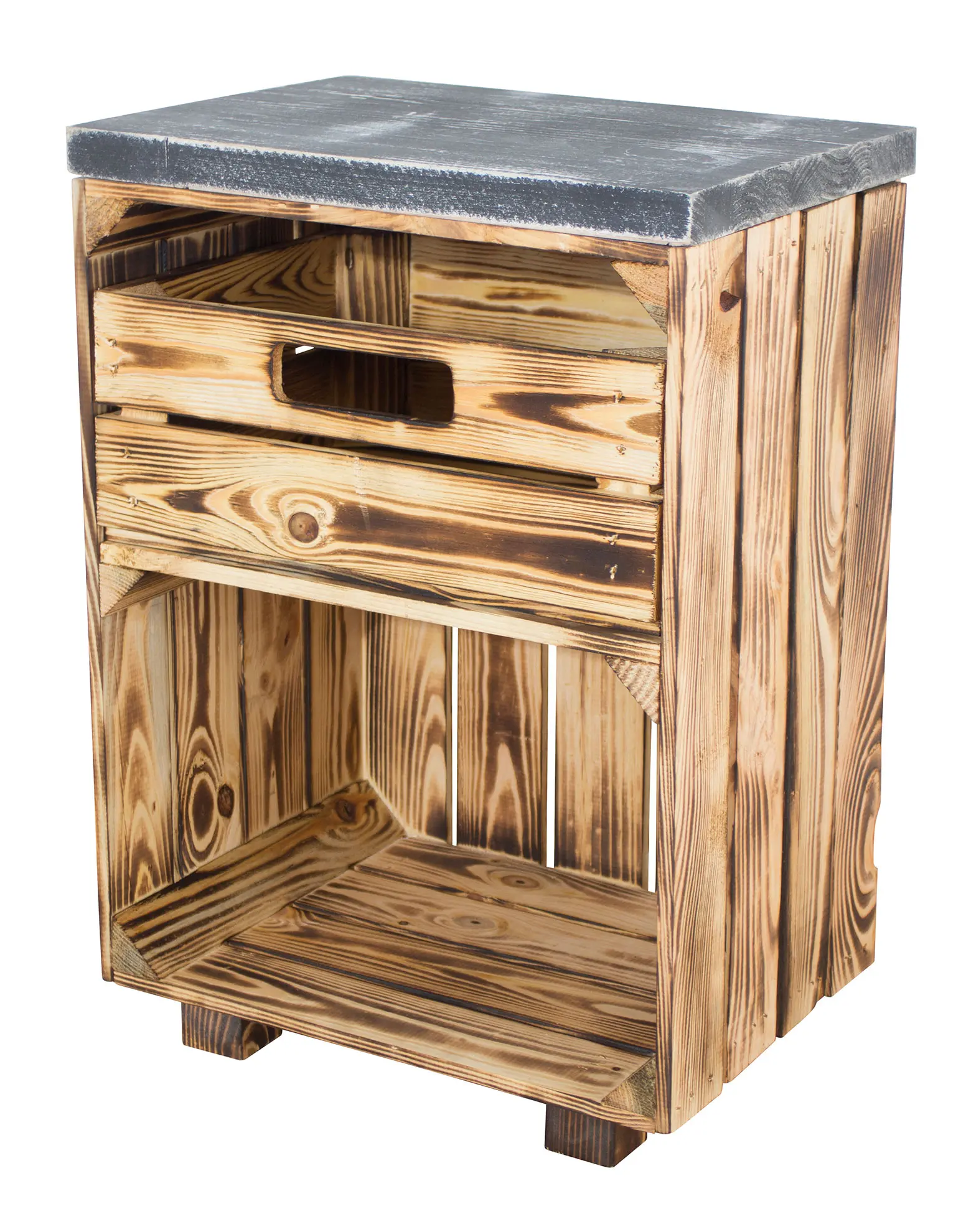 Geflammter Nachttisch mit Schublade und einem shabby schwarzem Bohlenbrett auf Holzfüßen, 40x57x30,5 Geflammter Nachttisch mit Schublade und einem shabby schwarzem Bohlenbrett auf Holzfüßen, 40x57x30,5