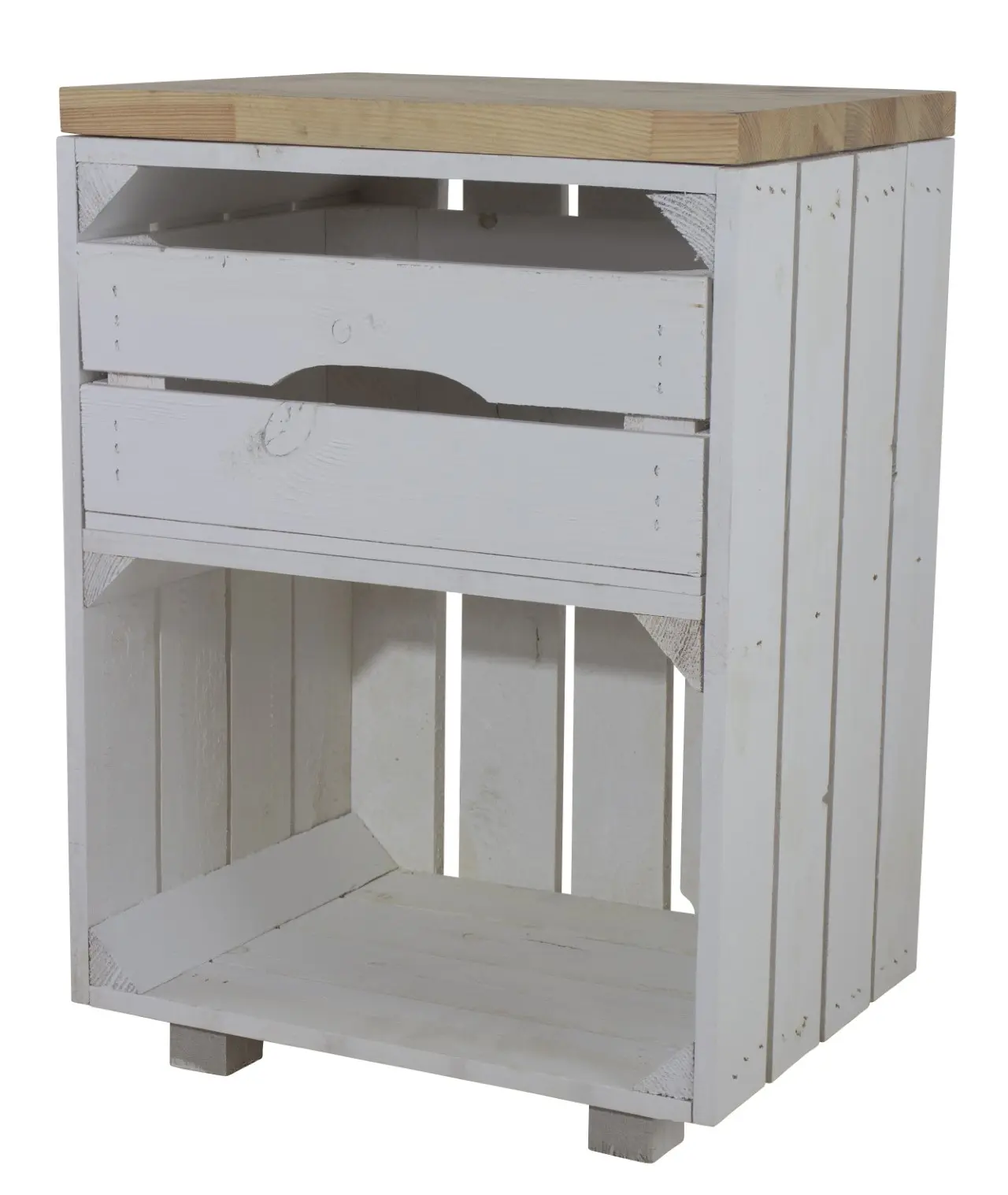 Weißer Nachttisch mit Schublade und Bohlenbrett in natur 30,5x40x57cm Weißer Nachttisch mit Schublade und Bohlenbrett in natur 30,5x40x57cm