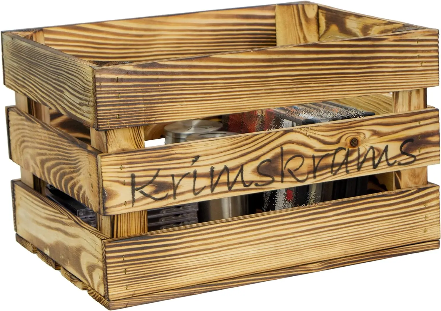 Holzkiste mit Aufschrift Krimskrams Geflammt, 40x30x25cm