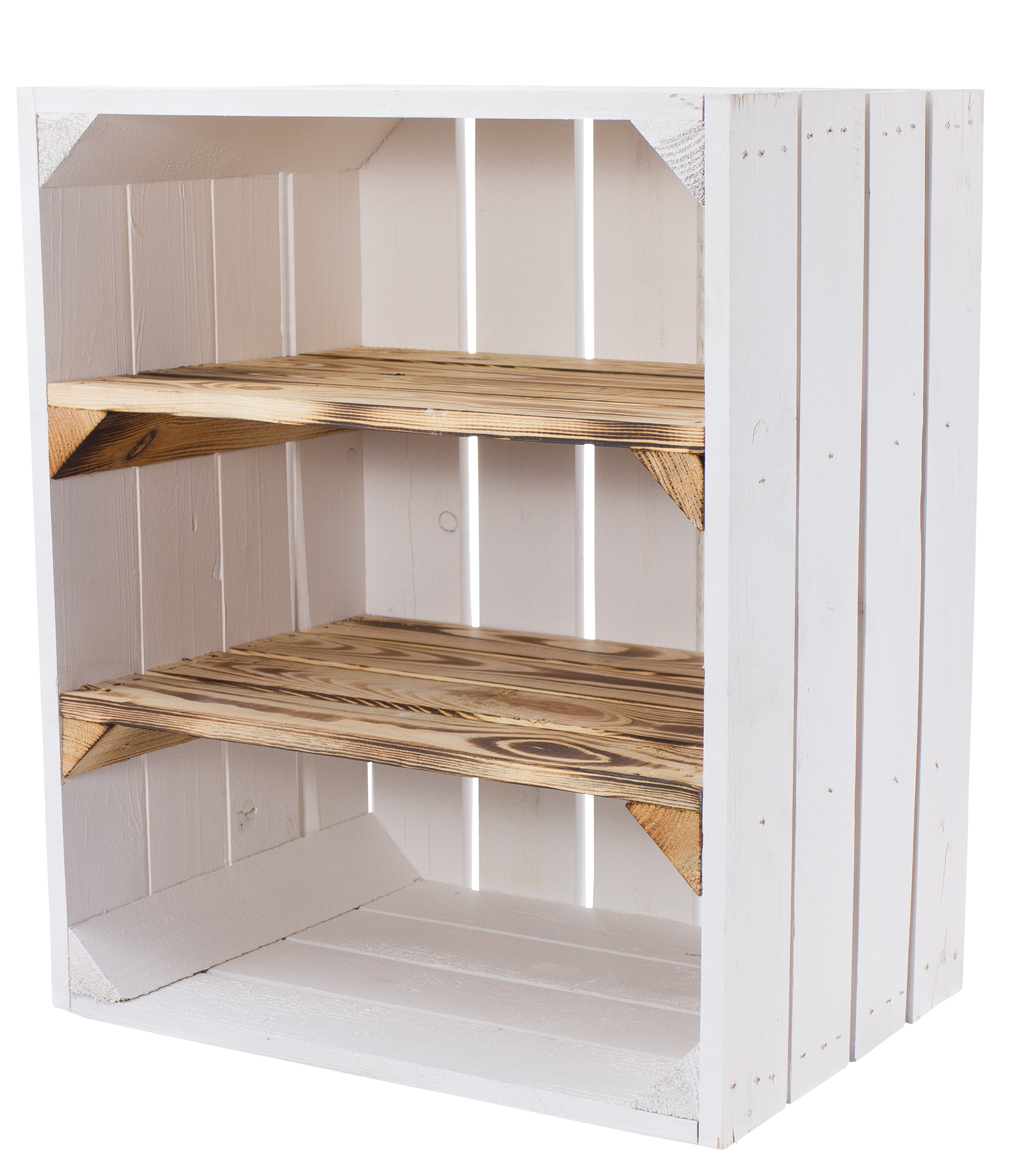 Weiße Holzkiste mit 2 geflammten Mittelbrettern -quer- 50x40x30cm Weiße Holzkiste mit 2 geflammten Mittelbrettern -quer- 50x40x30cm