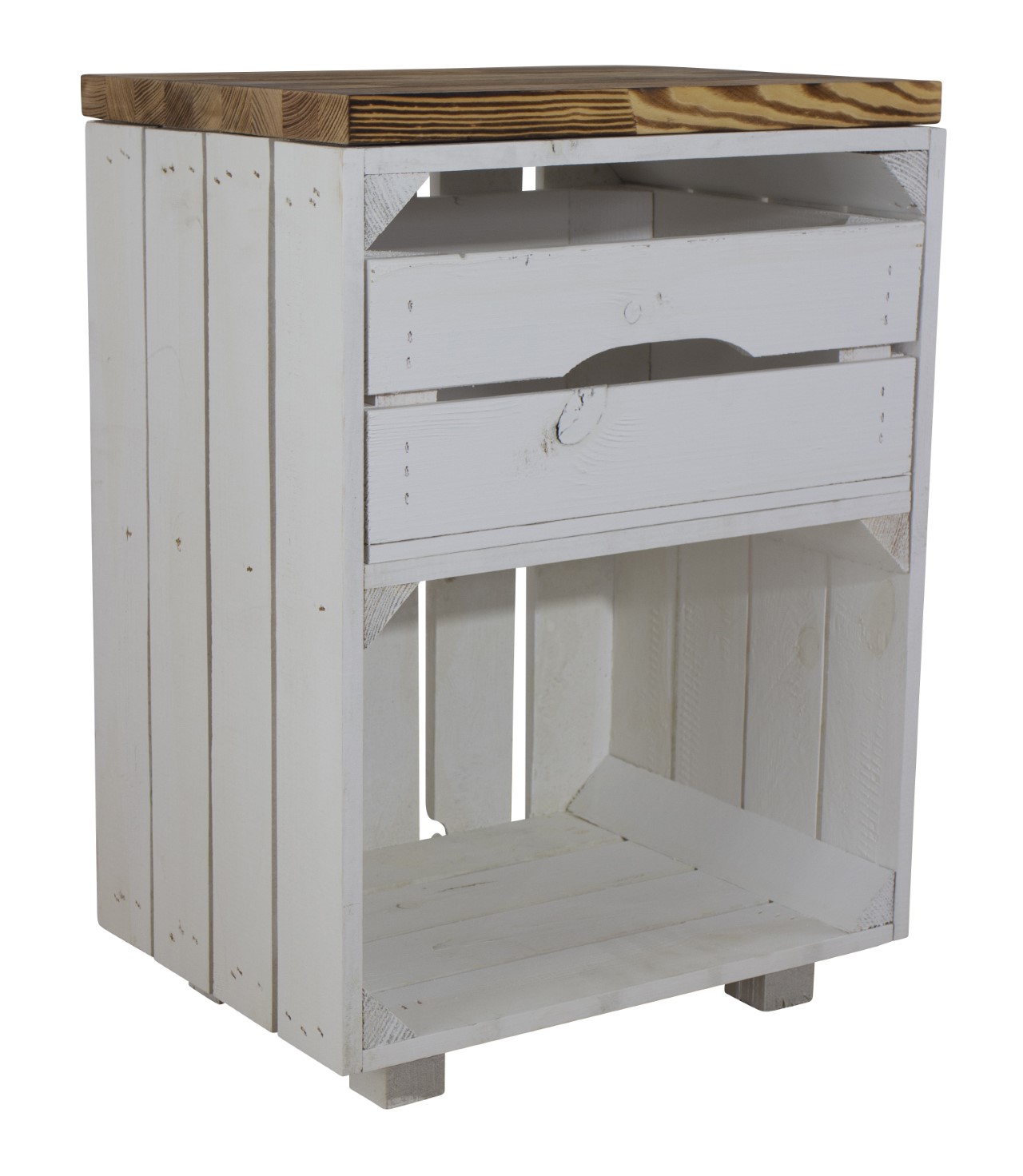 Weißer Nachttisch mit Schublade und geflammtem Bohlenbrett 30,5x40x57cm Weißer Nachttisch mit Schublade und geflammtem Bohlenbrett 30,5x40x57cm