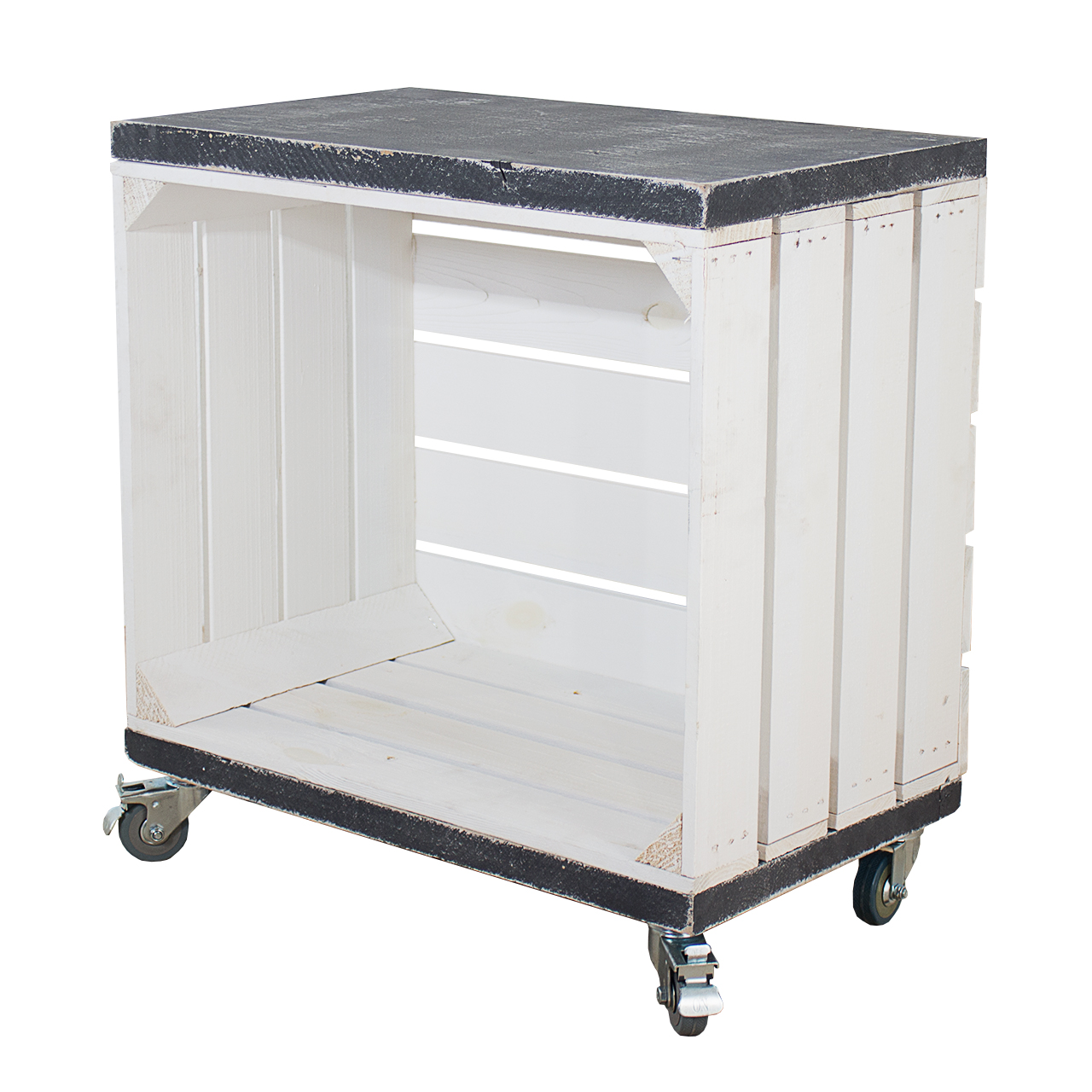 Regal aus weißer Obstkiste mit 2 Bohlenbrettern in shabby schwarz auf Rollen 53x50x30cm Regal aus weißer Obstkiste mit 2 Bohlenbrettern in shabby schwarz auf Rollen 53x50x30cm