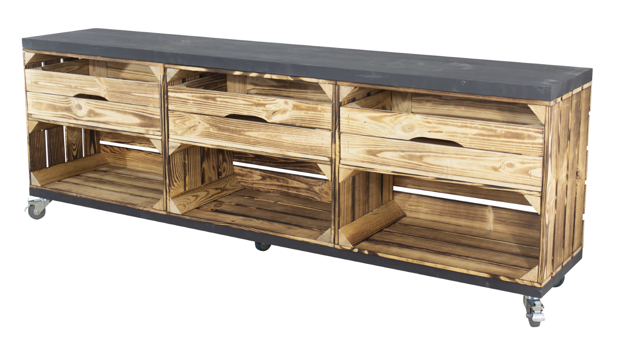 TV Lowboard aus 3 geflammten Kisten mit Schubladen und 2 schwarzen Bohlenbrettern auf Rollen 53x150x30cm TV Lowboard aus 3 geflammten Kisten mit Schubladen und 2 schwarzen Bohlenbrettern auf Rollen 53x150x30cm