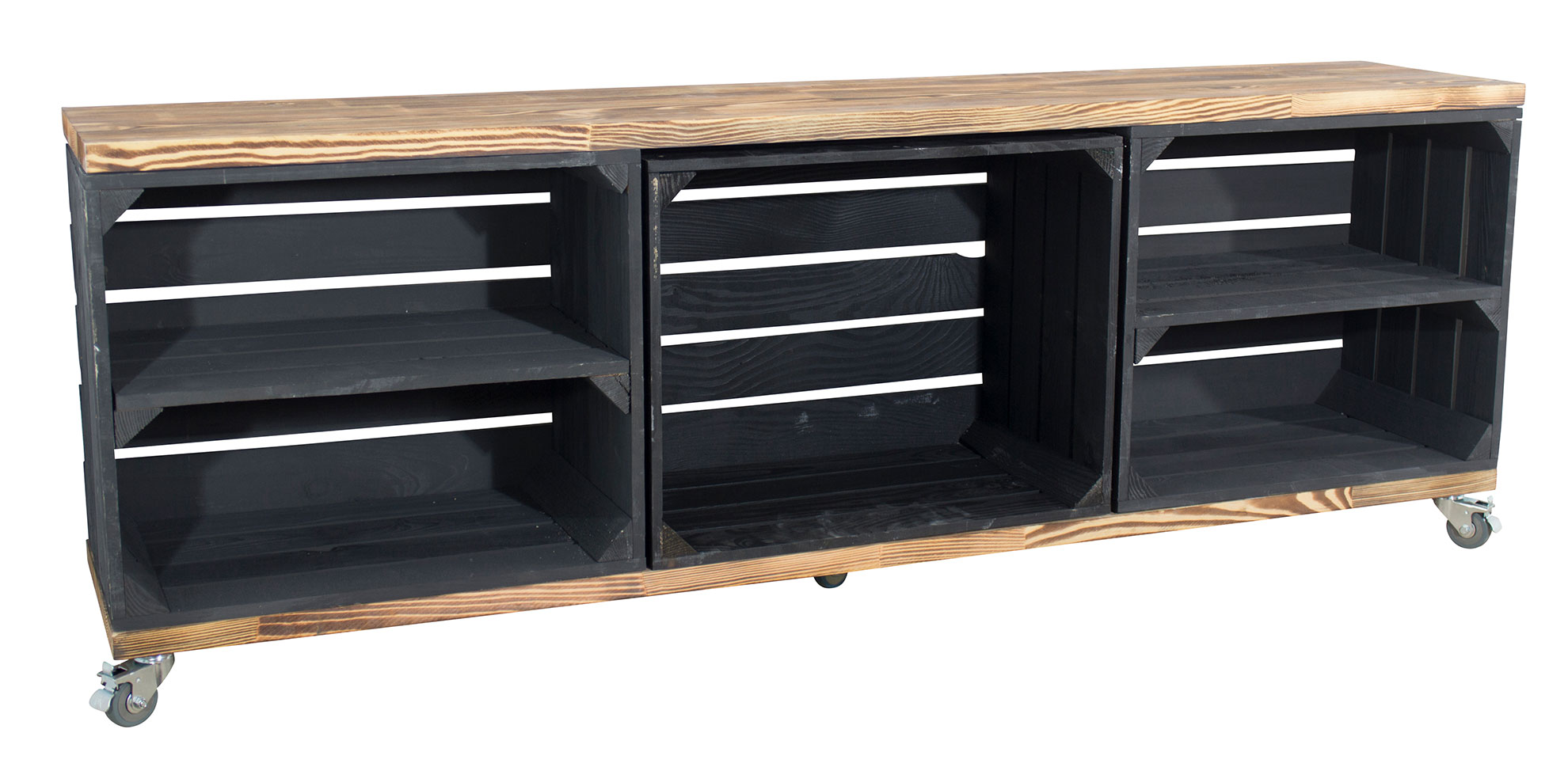 TV Schrank aus schwarzen Kisten mit 2 geflammten Bohlenbrettern auf Rollen, 150x53x30 TV Schrank aus schwarzen Kisten mit 2 geflammten Bohlenbrettern auf Rollen, 150x53x30