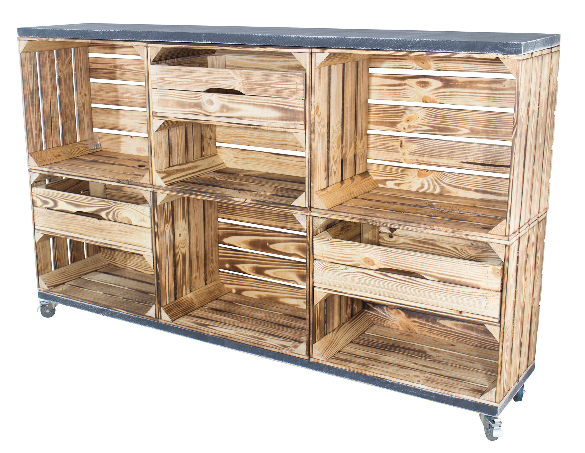 Kommode/ Raumtrenner aus 6 geflammten Kisten und 2 Bohlenbrettern in shabby schwarz auf Rollen, 150x93x30 Kommode/ Raumtrenner aus 6 geflammten Kisten und 2 Bohlenbrettern in shabby schwarz auf Rollen, 150x93x30