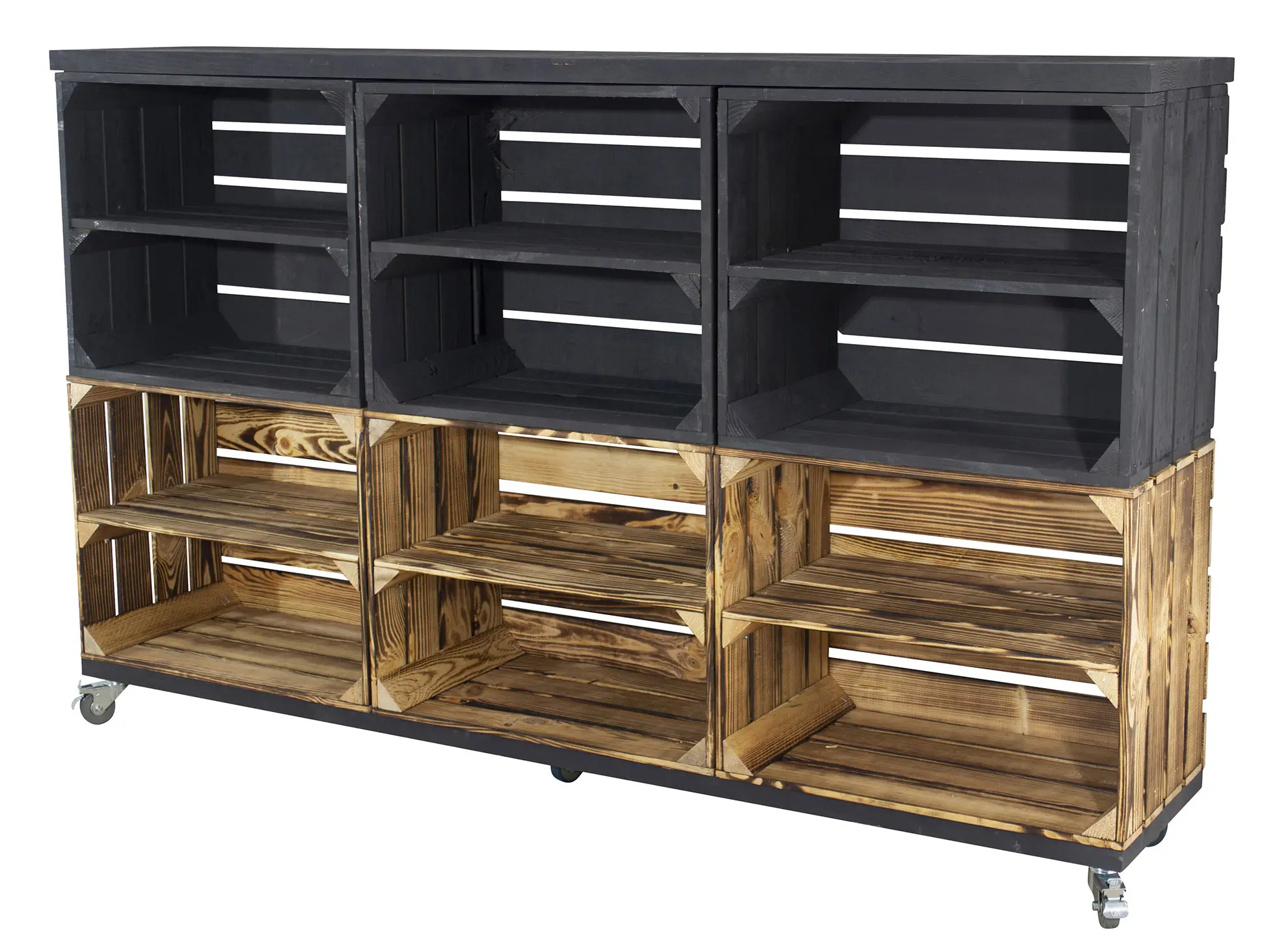 Kommode aus 6 Kisten ( 3 schwarze und 3 geflammte) mit 2 schwarzen Bohlenbrettern auf Rollen 150x93x30cm Kommode aus 6 Kisten ( 3 schwarze und 3 geflammte) mit 2 schwarzen Bohlenbrettern auf Rollen 150x93x30cm