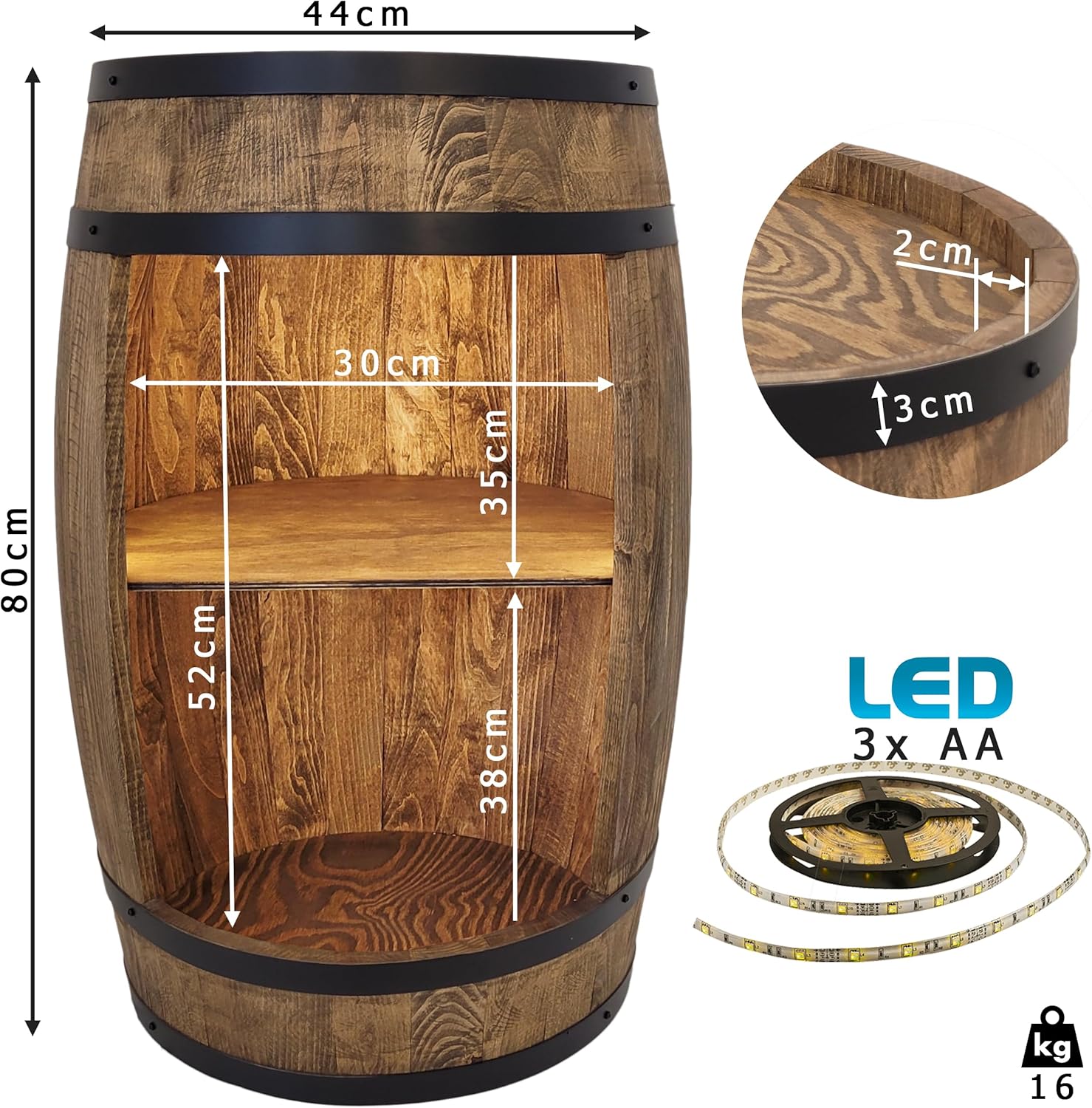 Holzfass in Farbton Wenge Hausbar mit LED – Rustikale Minibar im Weinfass Design – Weinregal & Flaschenständer aus Holz – Vintage Fassbar für Wohnzimmer, Bar oder Partykeller – ca. 80 cm #1 LED Einfarbig