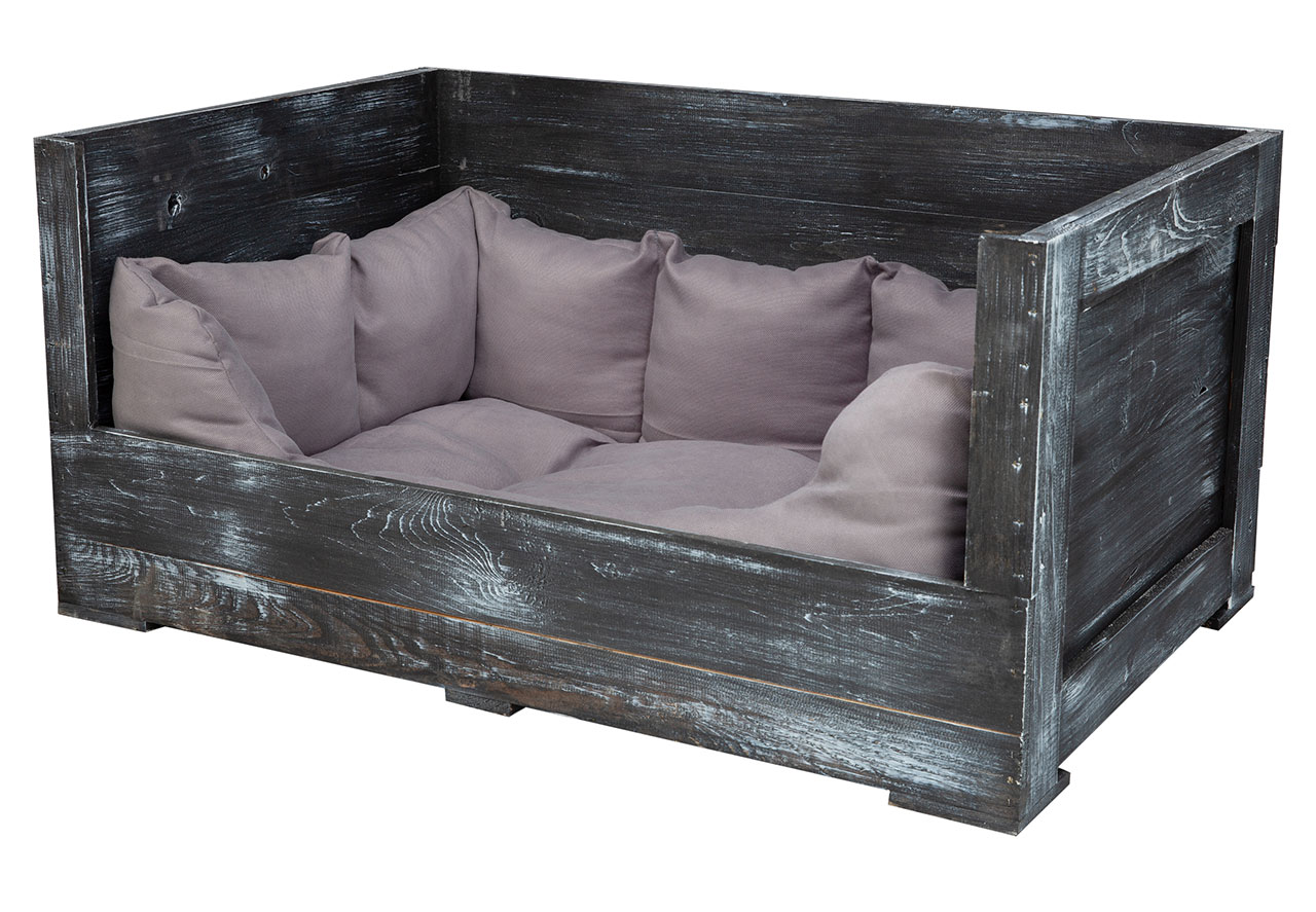 Hundebett "Balu" in schwarzem Holz mit Kissen 90x57x45cm Hundebett Balu shabby schwarz mit Kissen 90x57x45cm