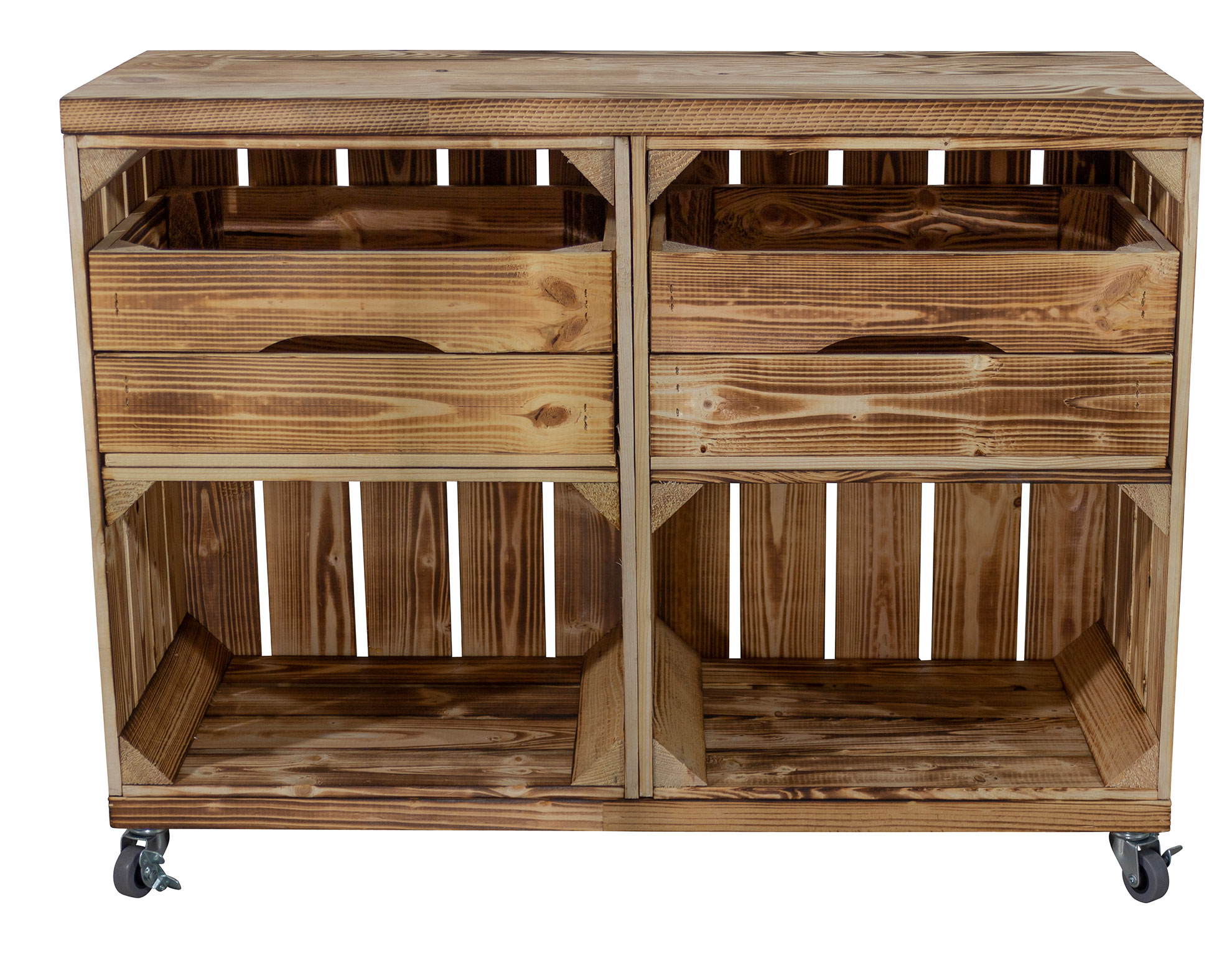 Regal aus zwei geflammten Kisten mit zwei Schubladen und Bohlenbrett in geflammt auf Rollen Regal aus zwei geflammten Kisten mit zwei Schubladen und Bohlenbrett in geflammt auf Rollen