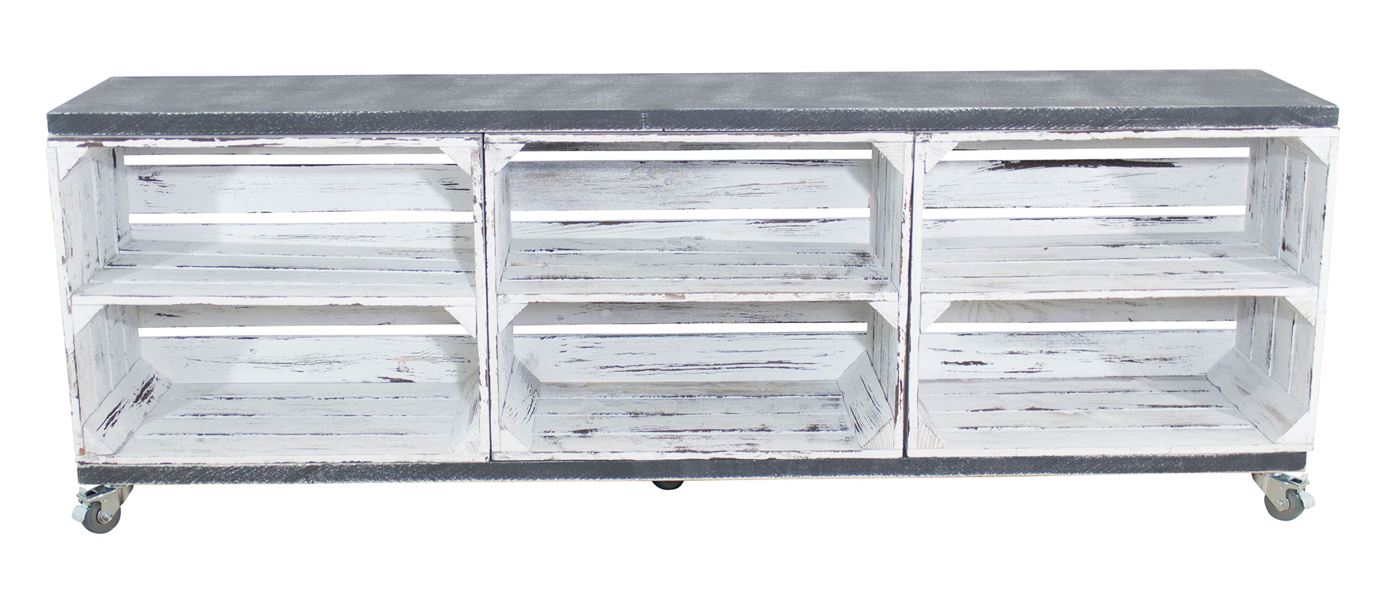 TV Schrank aus 3 Kisten in shabby weiß mit 2 Bohlenbrettern in shabby schwarz auf Rollen, 150x53x30 TV Schrank aus 3 Kisten in shabby weiß mit 2 Bohlenbrettern in shabby schwarz auf Rollen, 150x53x30