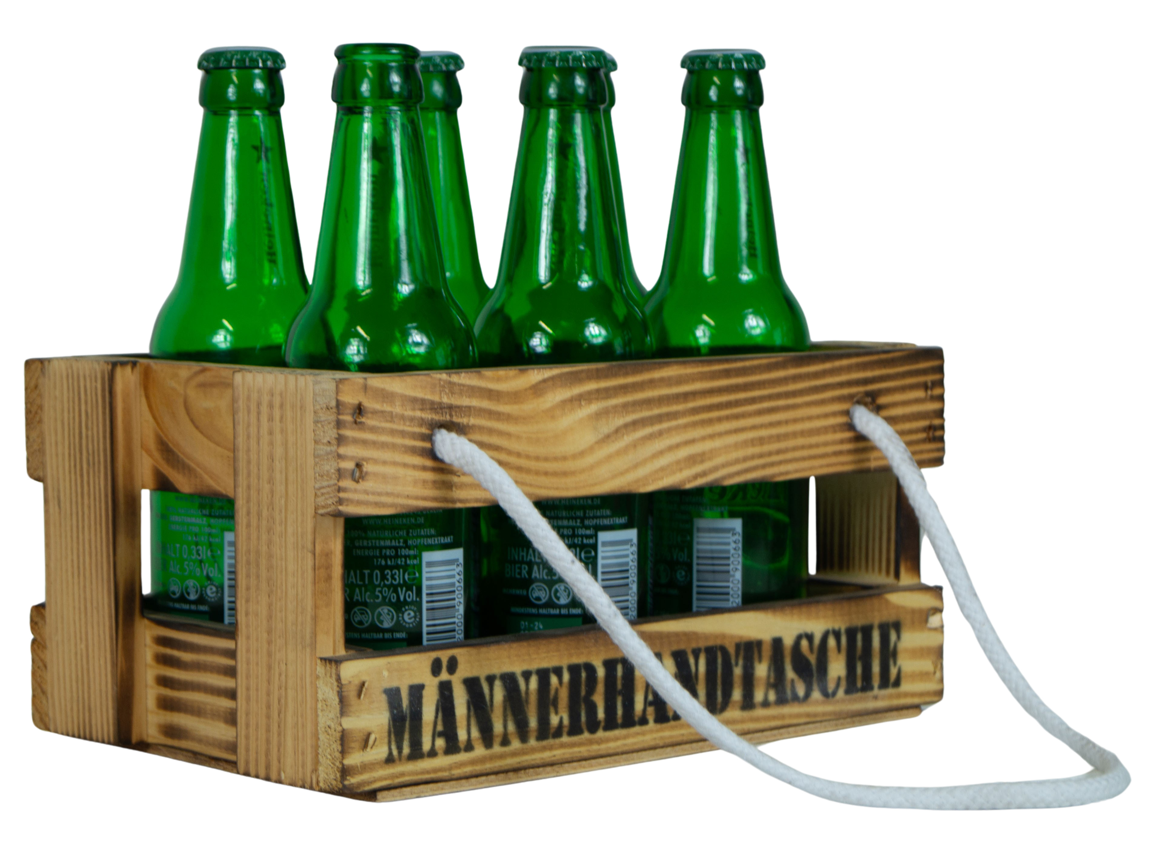 Holzkiste mit Griffbändern Männerhandtasche in geflammt mit Platz für bis zu 6 Getränke Holzkiste mit Griffbändern Männerhandtasche in geflammt mit Platz für bis zu 6 Getränke