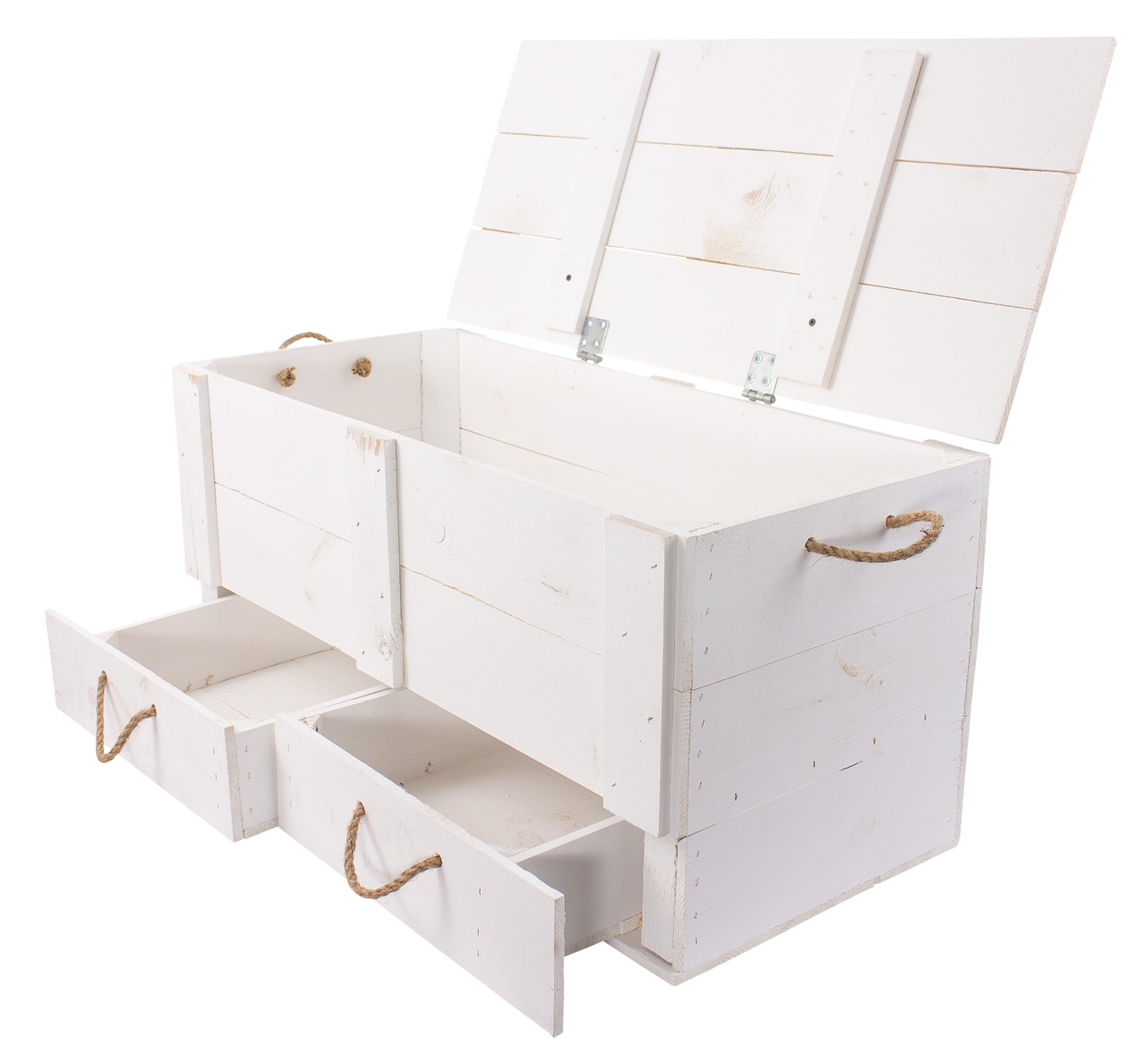 XXL Holztruhe weiß mit 2 Schubladen und Kordel 85 x 39 x 40 cm