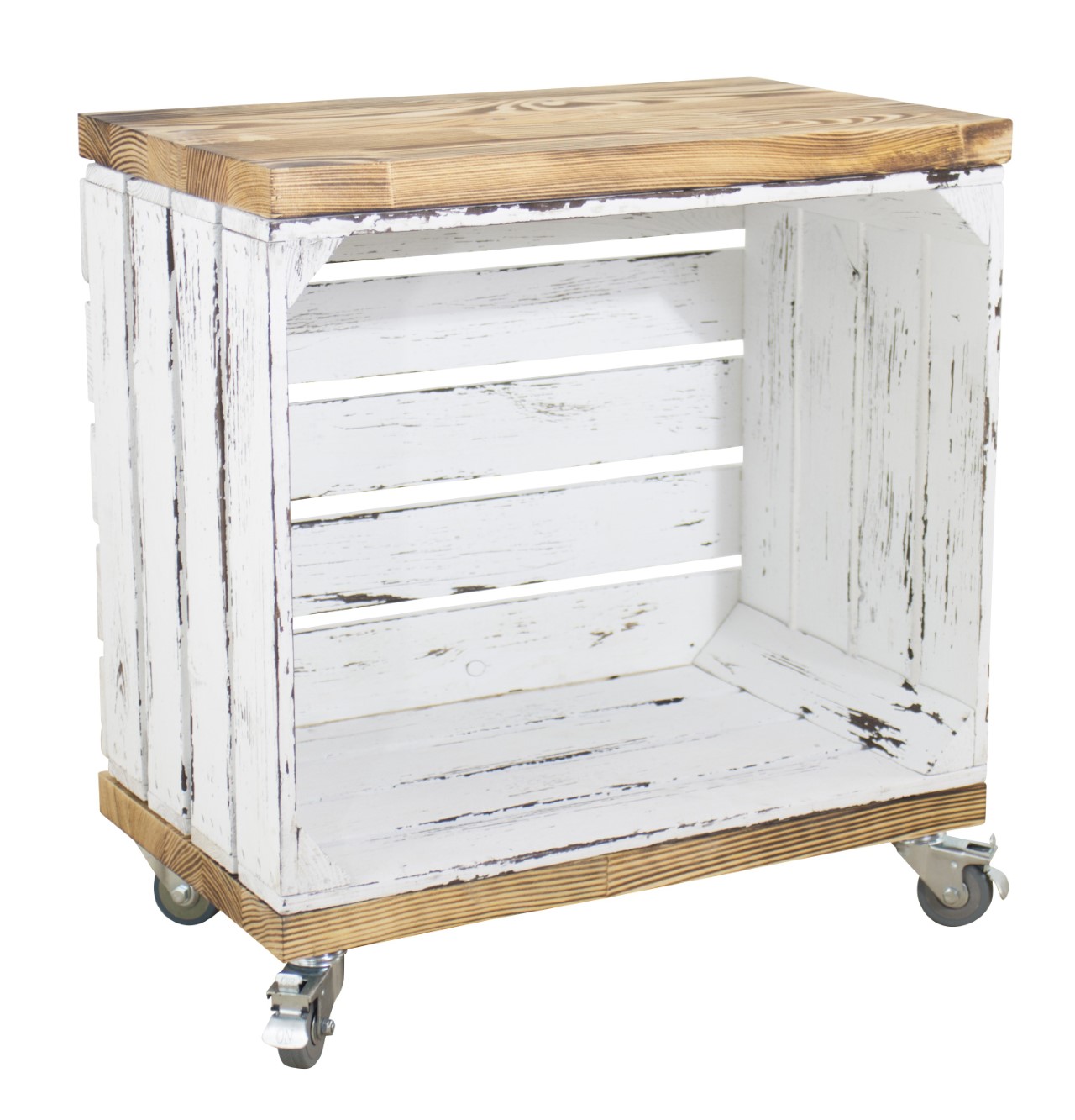 Beistelltisch aus einer Kiste in shabby weiß mit 2 geflammten Bohlenbrettern auf Rollen 53x50x30cm Beistelltisch aus einer Kiste in shabby weiß mit 2 geflammten Bohlenbrettern auf Rollen 53x50x30cm