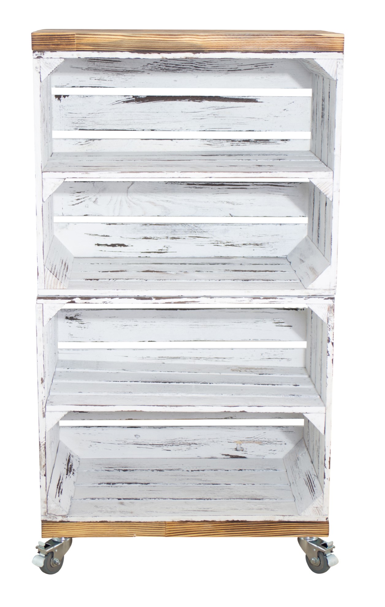 Regal aus 2 shabby weißen Kisten mit 2 geflammten Bohlenbrettern auf Rollen 93x50x30 Regal aus 2 shabby weißen Kisten mit 2 geflammten Bohlenbrettern auf Rollen 93x50x30