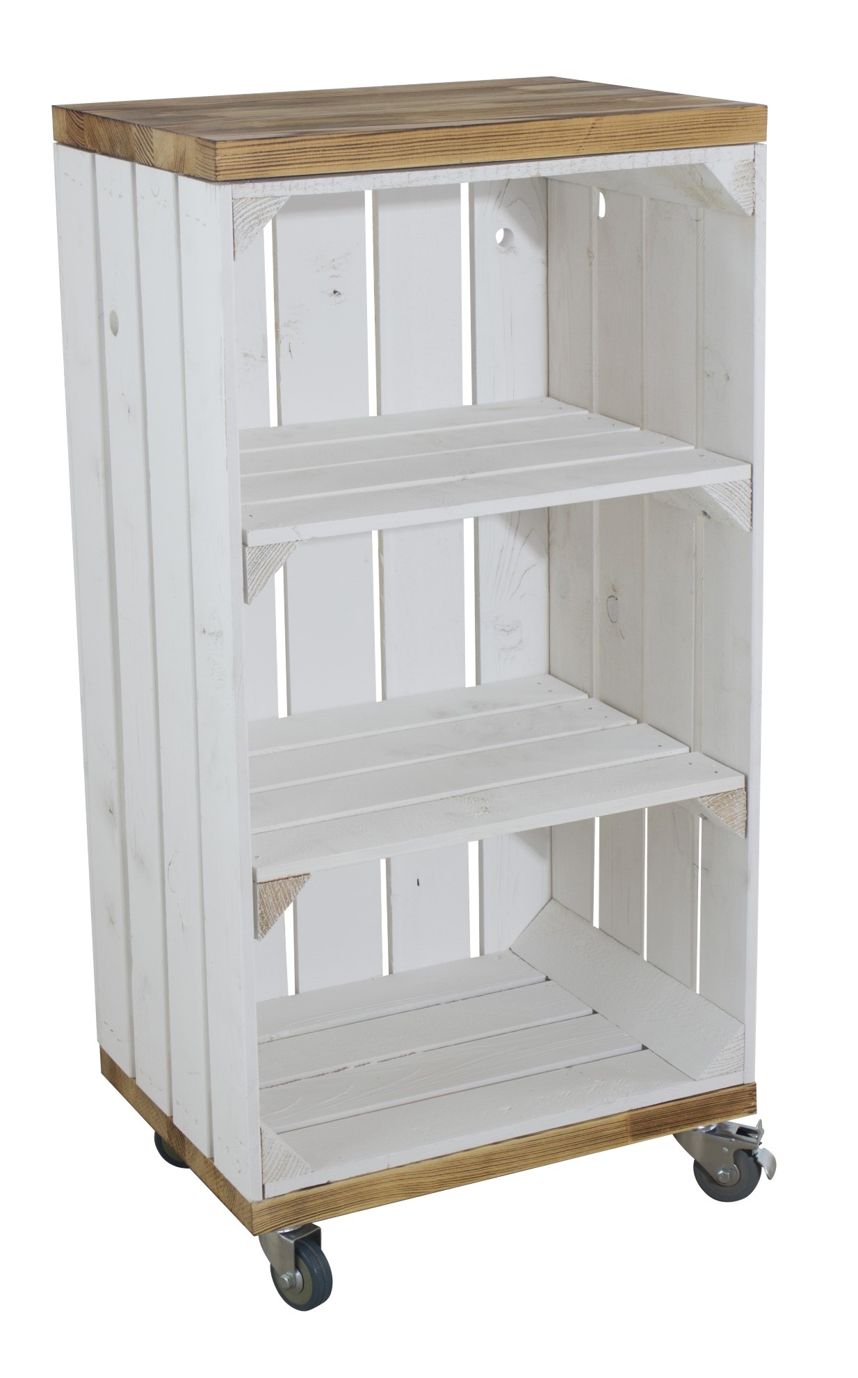 Weißes Regal mit 2 Mittelbrettern und 2 geflammten Bohlenbrettern, auf Rollen 74x40x30cm Weißes Regal mit 2 Mittelbrettern und 2 geflammten Bohlenbrettern, auf Rollen 74x40x30cm