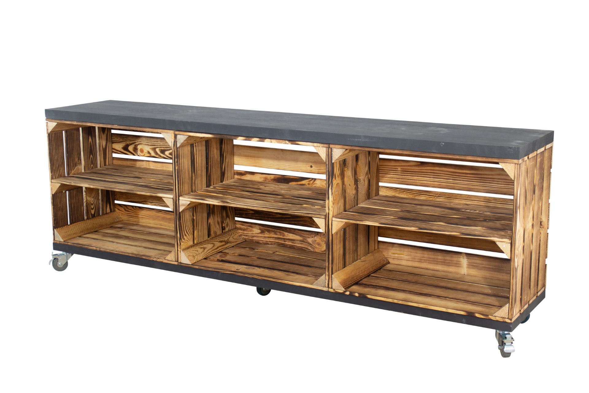 TV Lowboard geflammt mit 2 Bohlenbrettern in schwarz auf Rollen 150x53x30cm TV Lowboard geflammt mit 2 Bohlenbrettern in schwarz auf Rollen 150x53x30cm