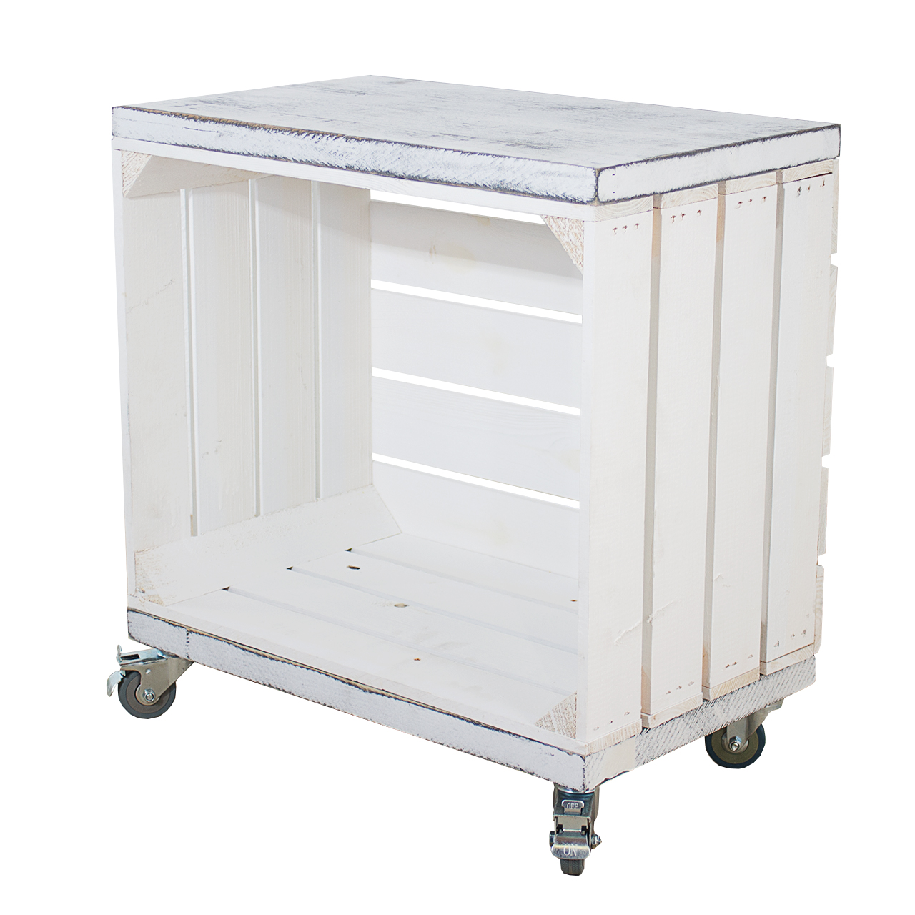 Regal aus weißer Obstkiste mit 2 Bohlenbrettern in grau vintage auf Rollen 53x50x30cm Regal aus weißer Obstkiste mit 2 Bohlenbrettern in grau vintage auf Rollen 53x50x30cm