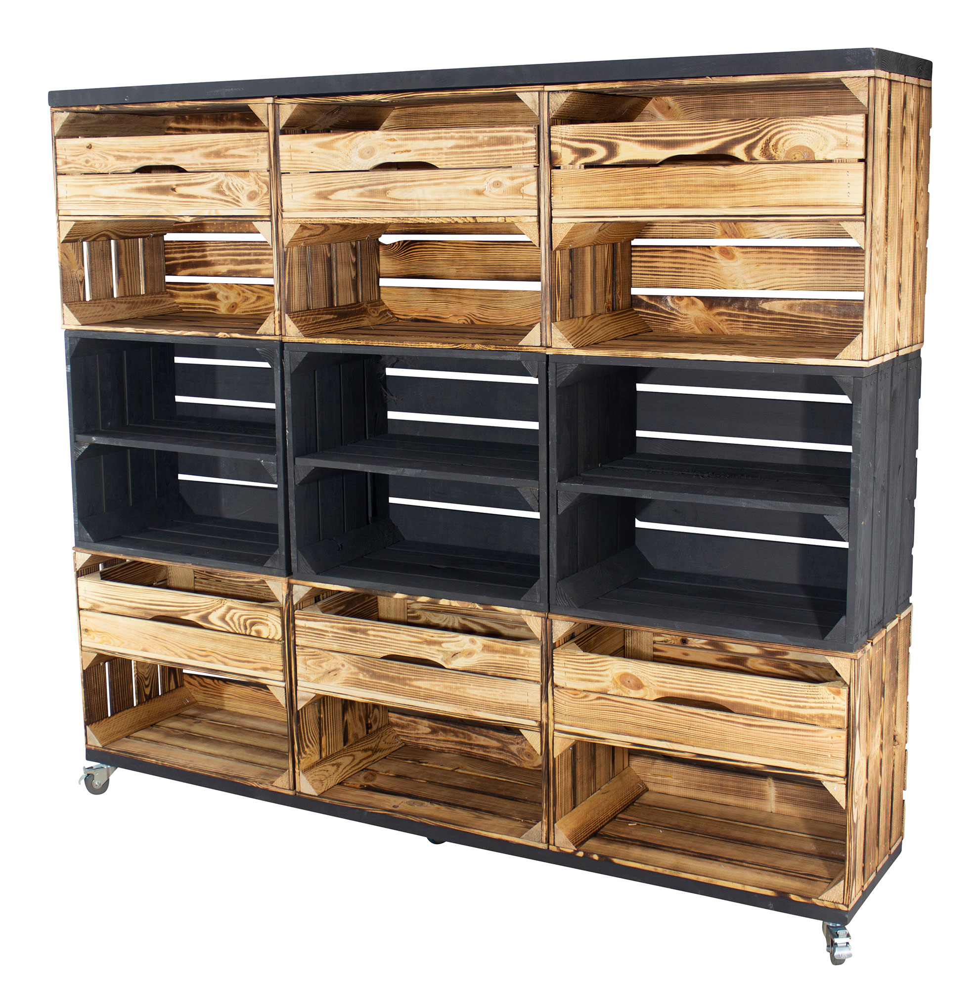 Raumtrenner/ Kommode aus 9 Kisten ( 6 geflammte und 3 schwarze) mit 2 schwarzen Bohlenbrettern auf Rollen, 133x150x30 Raumtrenner/ Kommode aus 9 Kisten ( 6 geflammte und 3 schwarze) mit 2 schwarzen Bohlenbrettern auf Rollen, 133x150x30