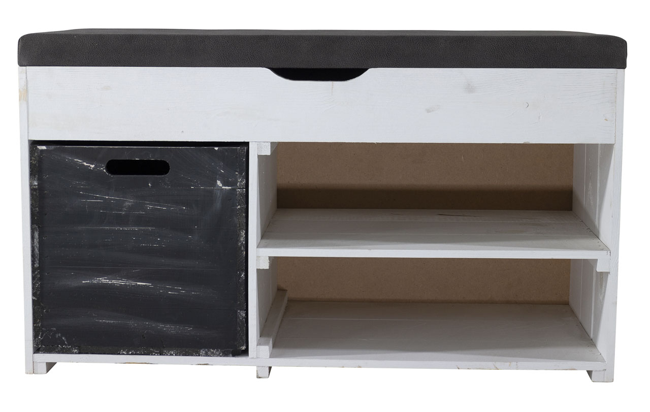 Weiße Sitzbank (Truhe) im Obstkisten Design mit Sitzpolster und Kallax Einschubkiste 90x52x39cm Weiße Sitzbank (Truhe) im Obstkisten Design mit Sitzpolster und Kallax Einschubkiste 90x52x39cm
