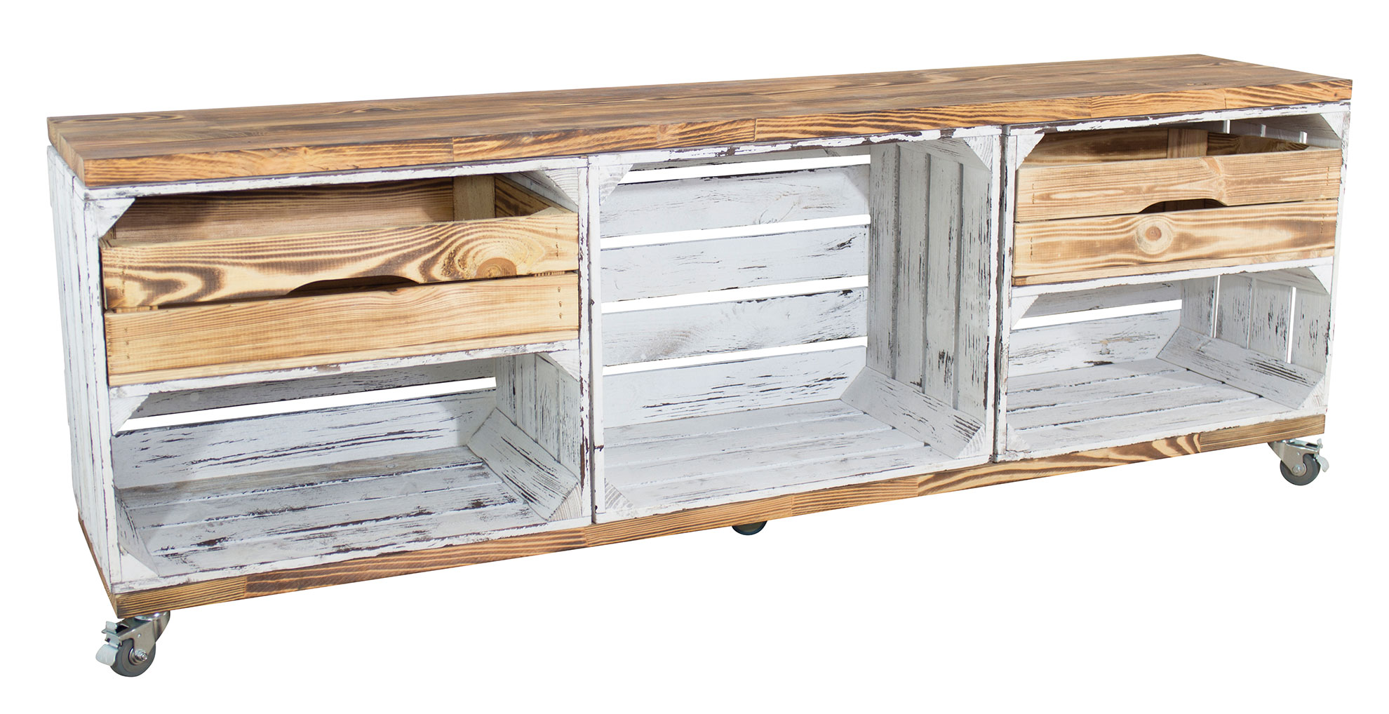 TV Schrank aus 3 Kisten in shabby weiß mit 2 geflammten Schubladen sowie 2 geflammten Bohlenbrettern auf Rollen, 150x53x30 TV Schrank aus 3 Kisten in shabby weiß mit 2 geflammten Schubladen sowie 2 geflammten Bohlenbrettern auf Rollen, 150x53x30