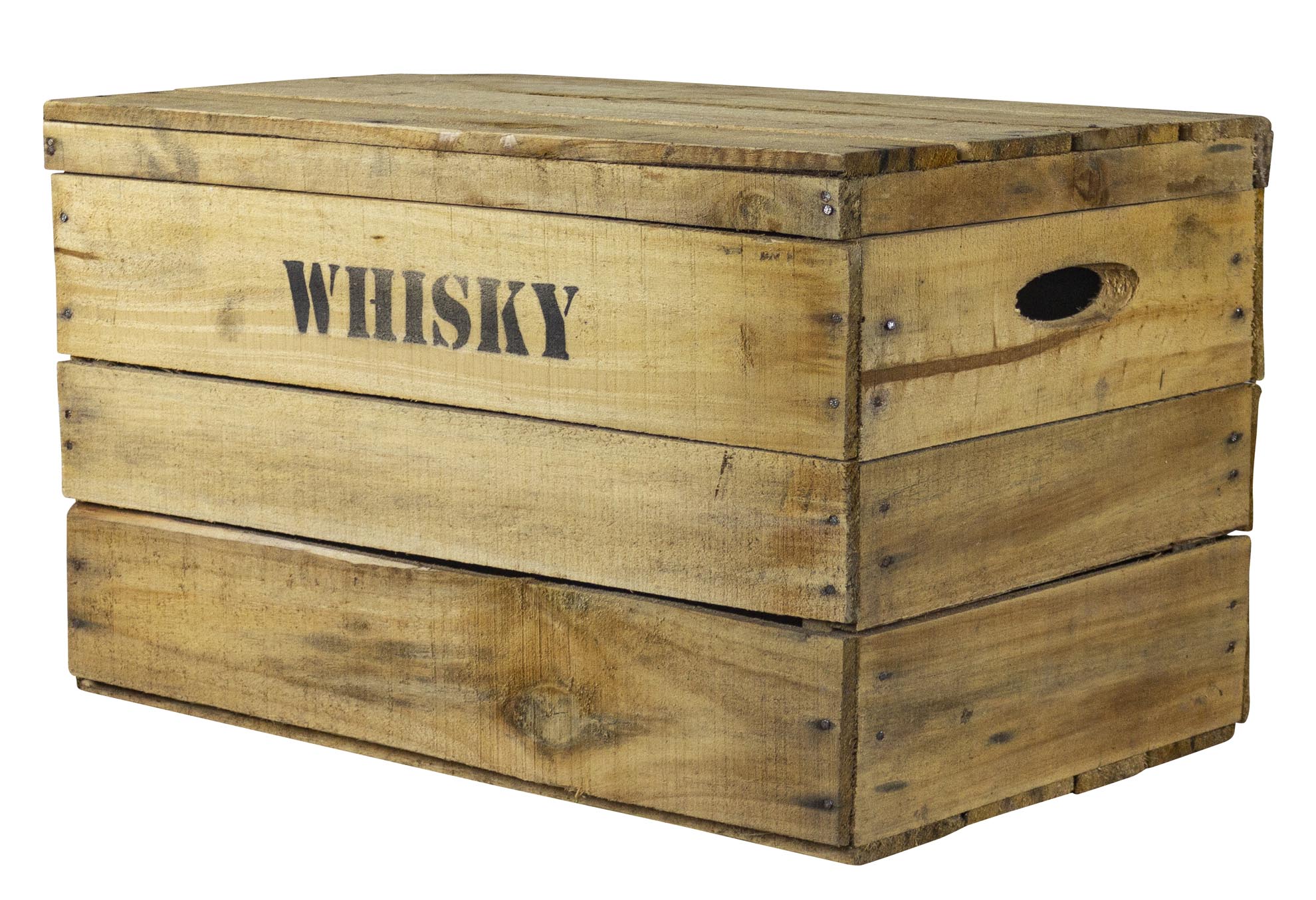 Rustikale Obstkiste mit Deckel und Aufdruck Whisky 50x31x28cm